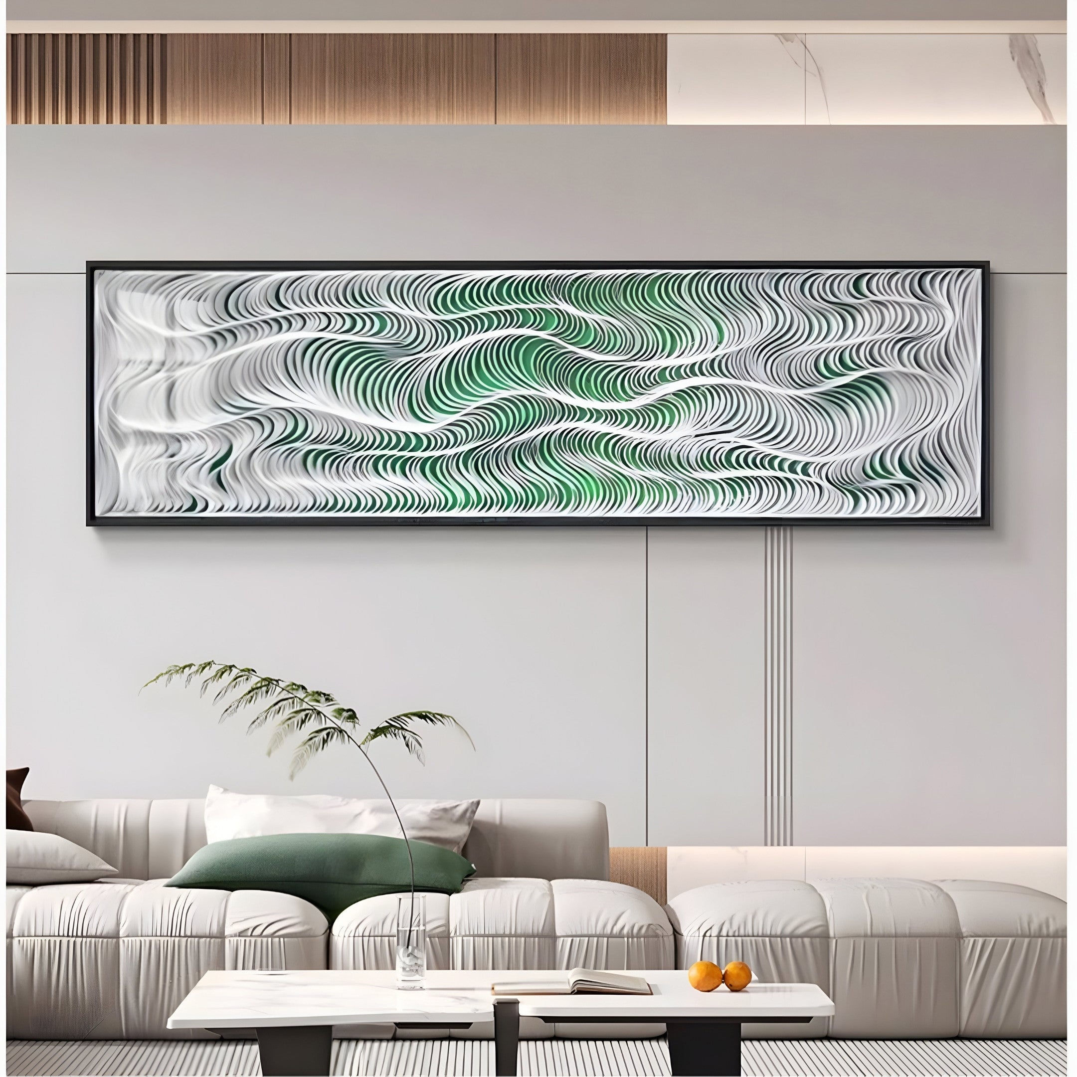 A modern living room showcases a white sofa with green and white cushions, topped by Giant Sculptures Fluenta Green Ripple Linear Cardboard 3D Wall Art. A slender plant and low coffee table with an orange centerpiece complete the nature-inspired decor.