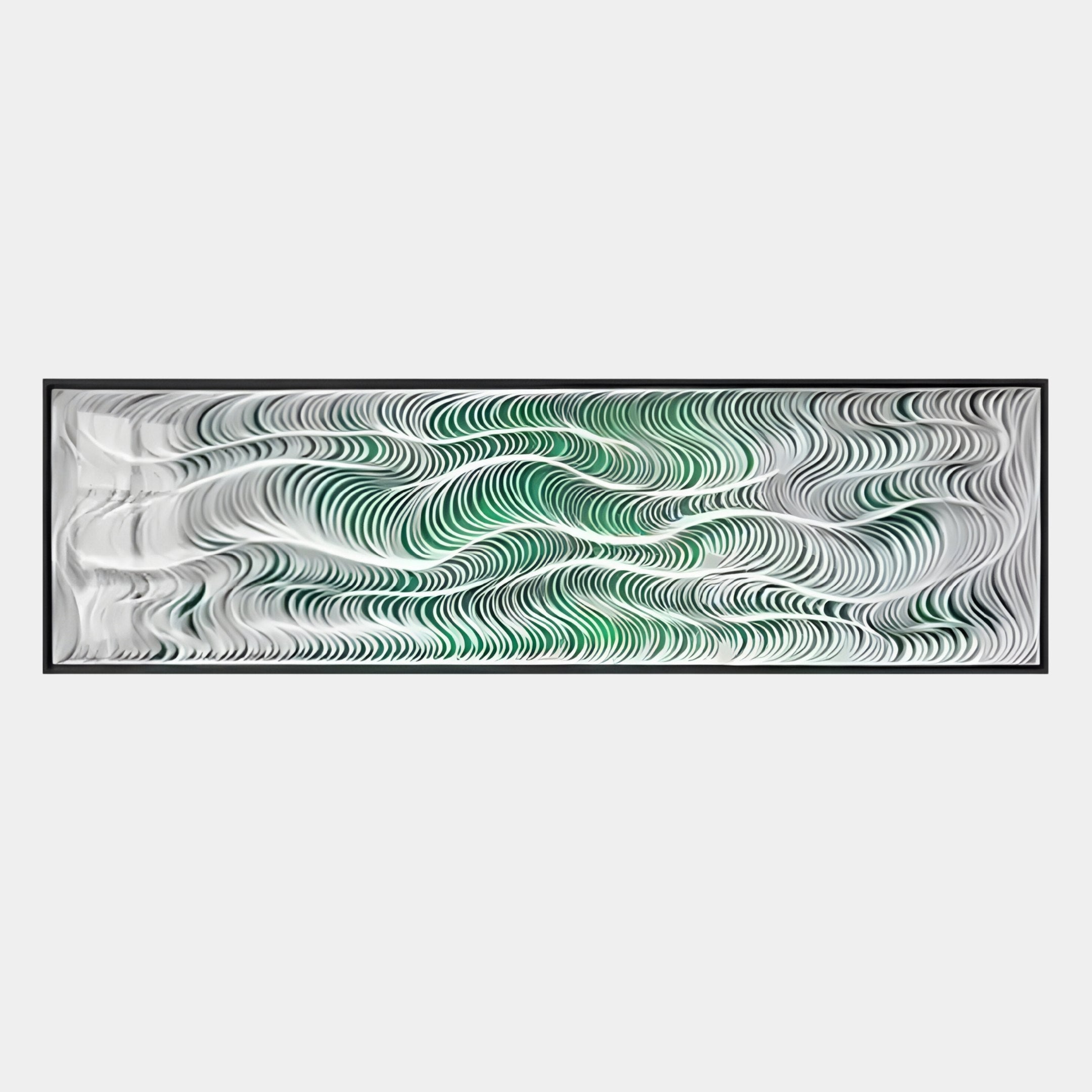 The Fluenta Green Ripple Linear Cardboard 3D Wall Art by Giant Sculptures features wavy black lines and green accents on white, creating a modern optical illusion thats perfect for contemporary home decor.