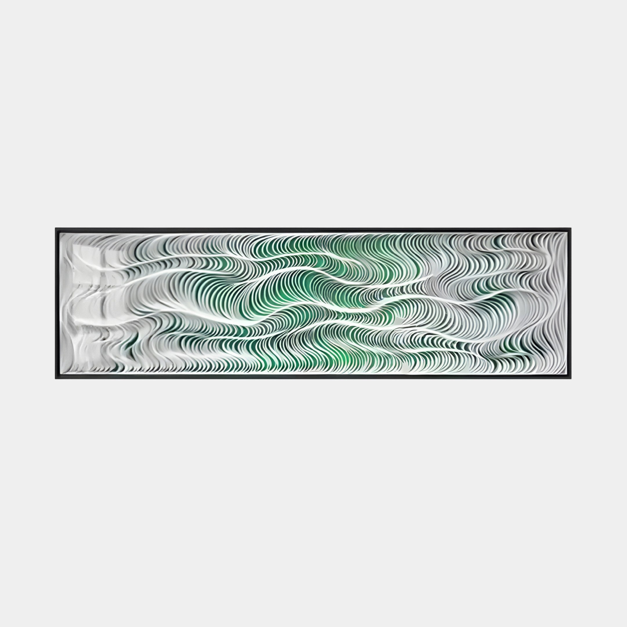 The Fluenta Green Ripple Linear Cardboard 3D Wall Art by Giant Sculptures is a rectangular piece featuring wavy green and black lines on a white background, enhanced by a thin black frame to create a 3D optical illusion with an undulating, flowing pattern.