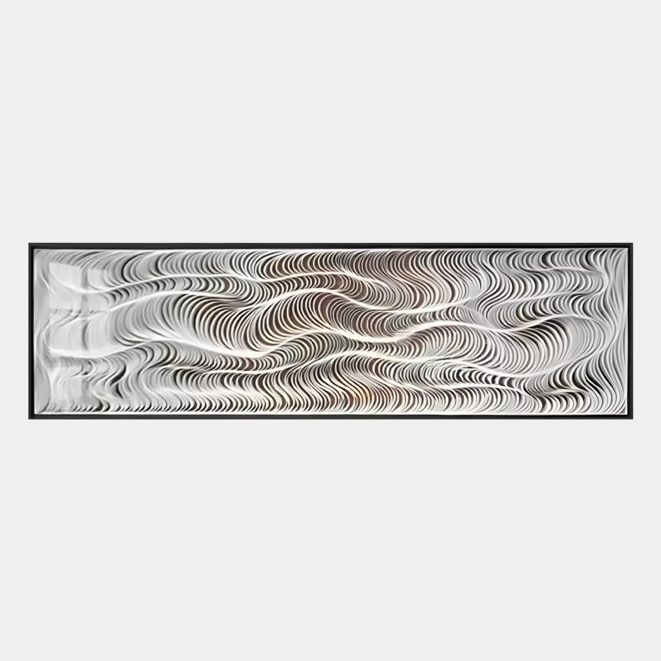 The Fluenta Golden Ripple Linear Cardboard 3D Wall Art by Giant Sculptures features abstract wavy lines in black, white, and gray, creating a striking illusion of movement and depth. It comes framed with a simple black border for modern interiors.