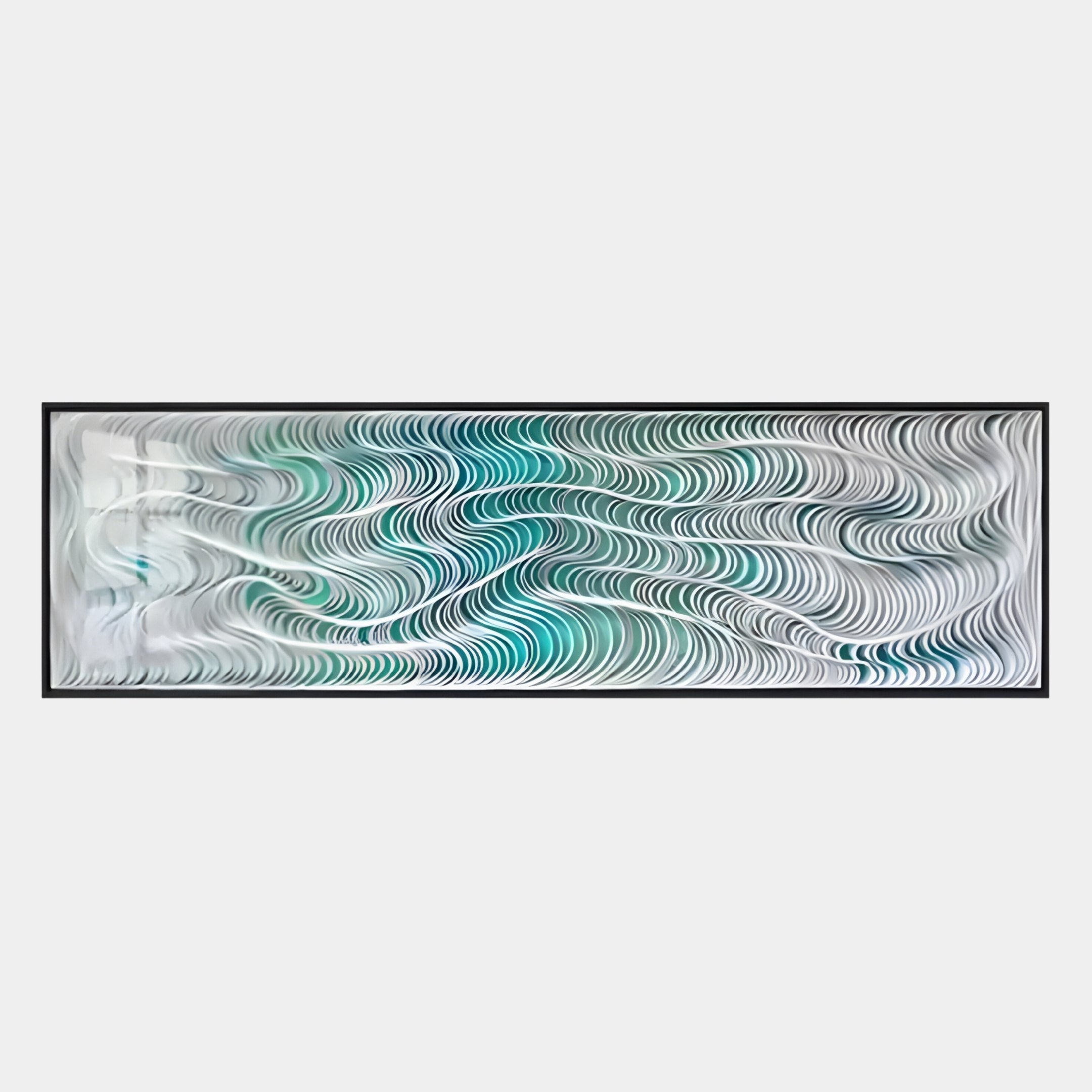 Fluenta Aqua Ripple Linear Cardboard 3D Wall Art by Giant Sculptures features wavy white and light blue lines, framed in black against a light background, creating a coastal vibe with an illusion of movement.