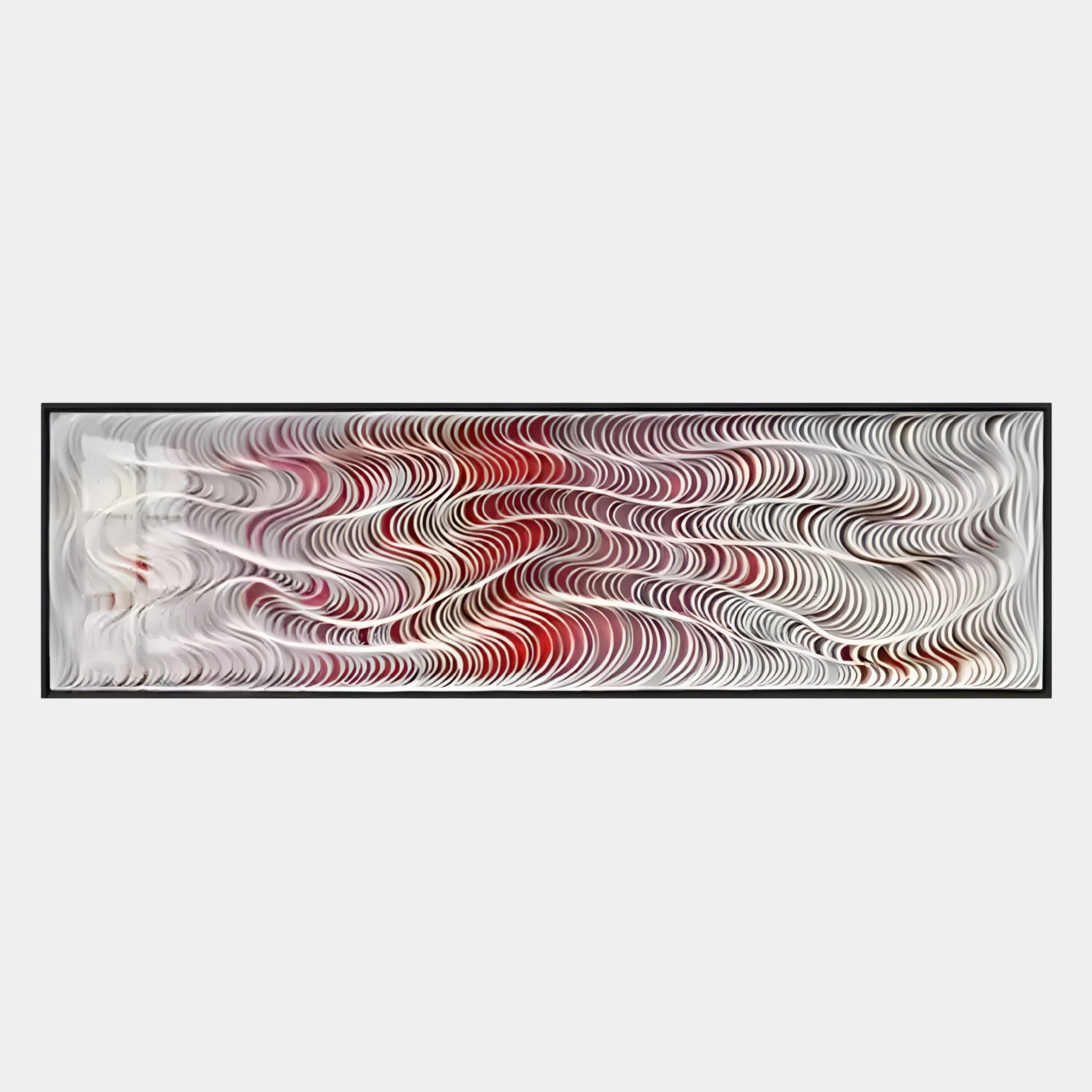 Fluenta Scarlet Red Ripple Linear Cardboard 3D Wall Art by Giant Sculptures features wavy, layered white lines and scarlet red accents in a black frame, creating an illusion of movement with shifting tones for a modern wall art look.