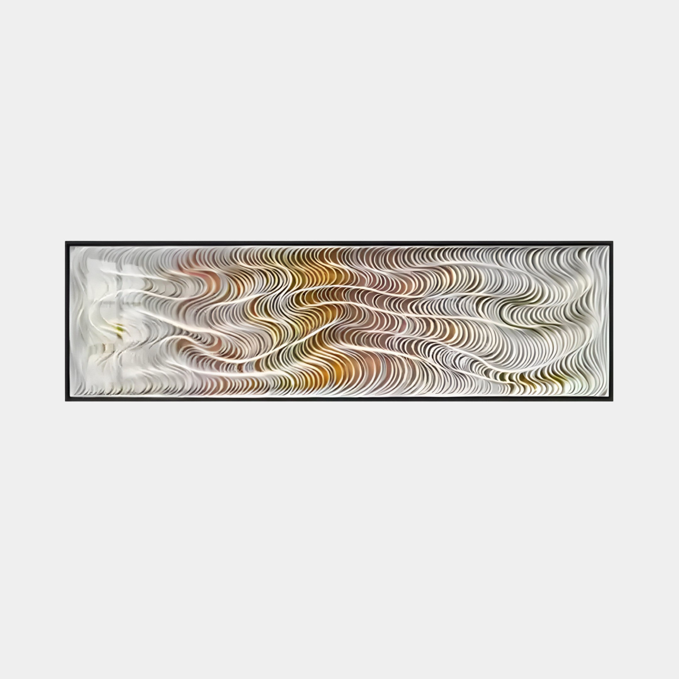 The Fluenta Sunlit Ripple Linear Cardboard 3D Wall Art by Giant Sculptures is a rectangular piece showcasing wavy patterns in white, black, yellow, and orange. Its intricately layered lines create an illusion of movement and depth.