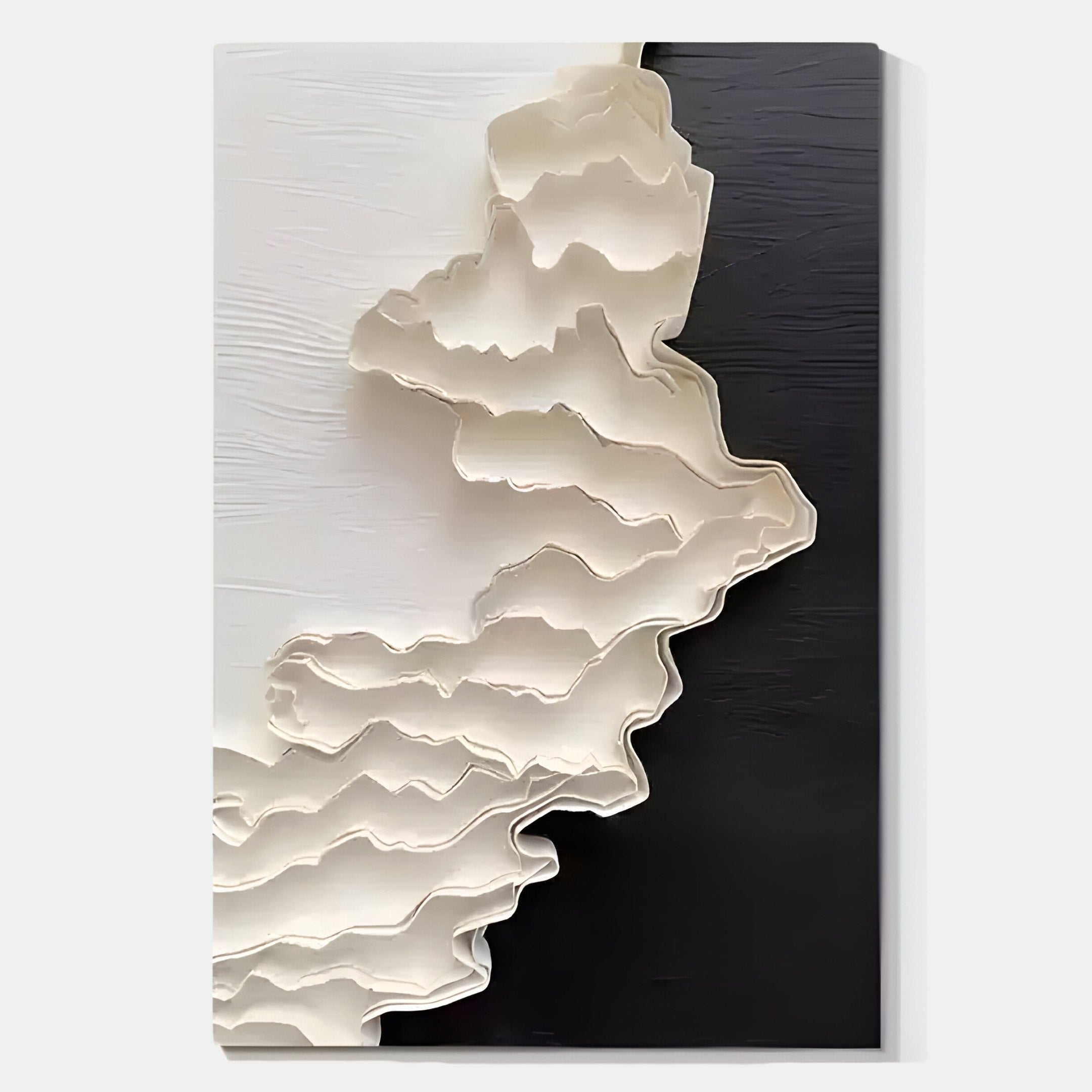 The Stratura II Black & White Layered Paper Canvas Wall Art by Giant Sculptures features abstract, wavy white shapes over a textured monochrome background, offering minimalist contrast and striking modern appeal.
