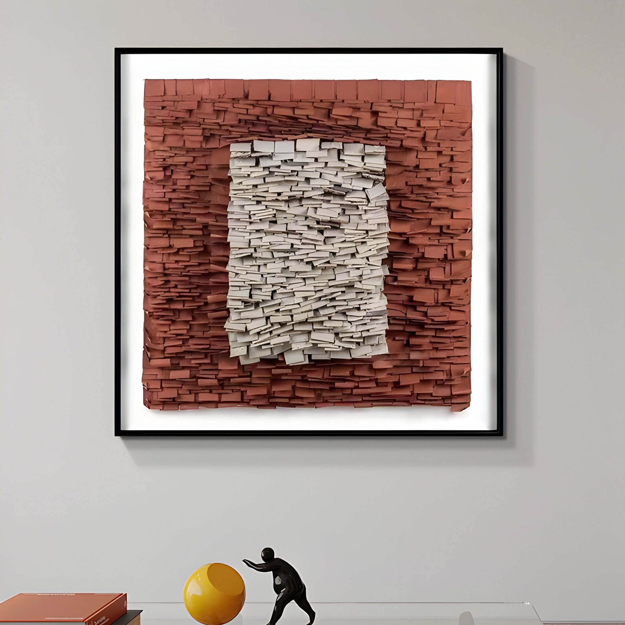 The Giant Sculptures Terracova Red Frame Textured Cardboard Square 3D Wall Art showcases mesmerizing reddish-brown and white abstract textures, complemented by a small black sculpture of a figure pushing an orange sphere on a table for added depth.