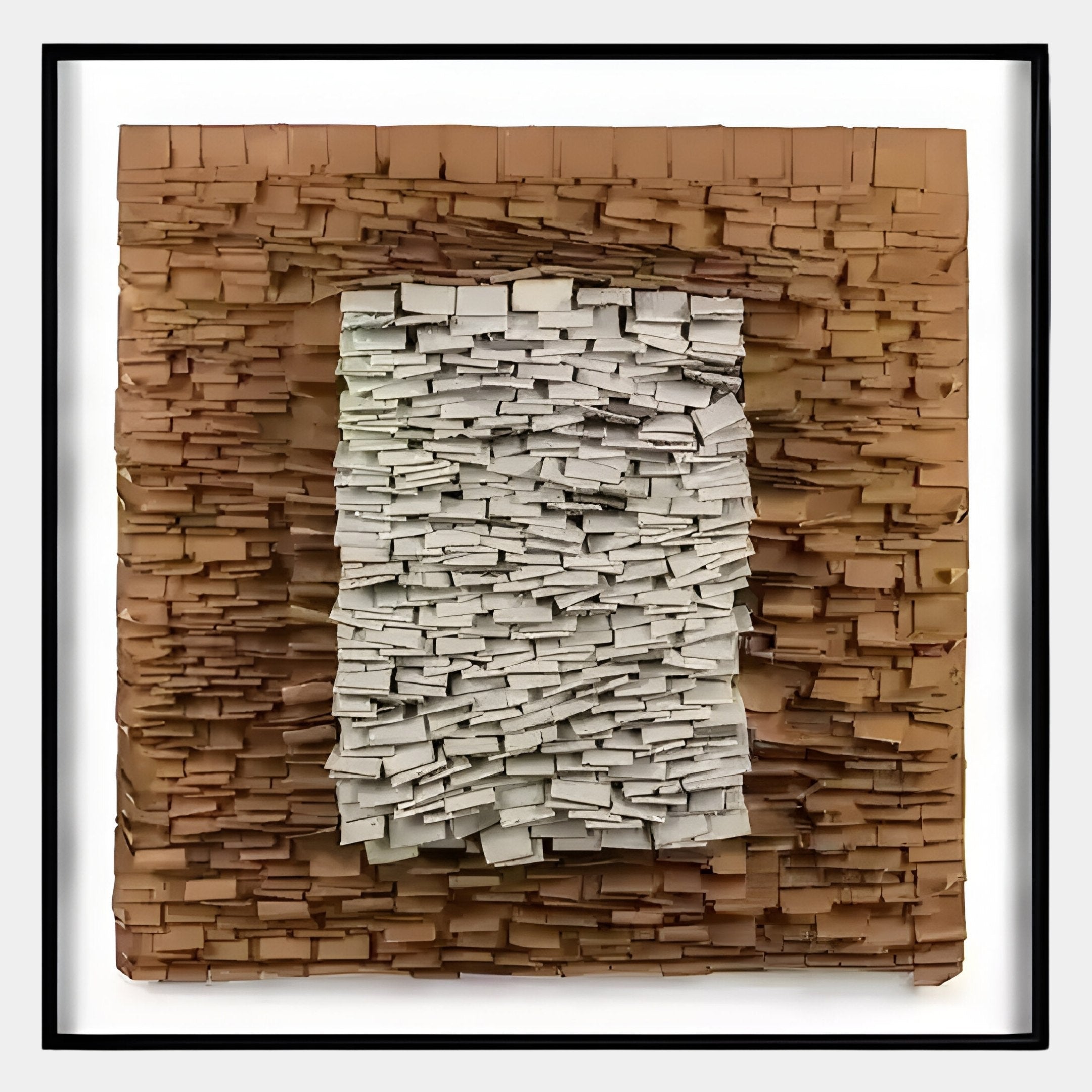 The Terracova Warm Ochre Frame Textured Cardboard Square 3D Wall Art by Giant Sculptures features layered rectangular pieces in earthy browns, white, and gray, creating rich textures and a striking three-dimensional effect.