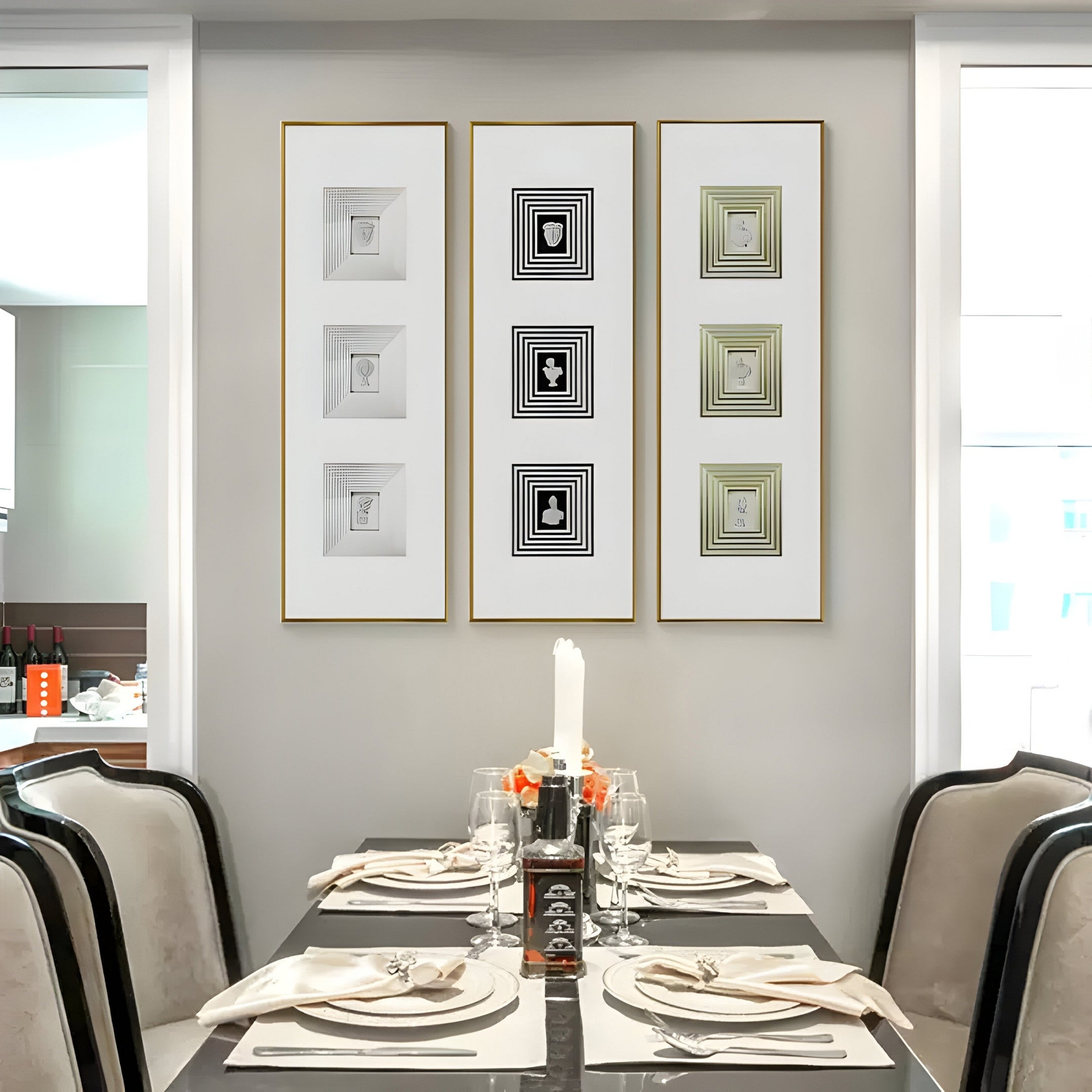 A dining area boasts a table set for six with beige chairs exhibiting a golden sheen. Elegantly arranged with white napkins, wine glasses, candles, and a small floral centerpiece, the setting is complemented by three Lustre Golden Illusion Plaster statues from Giant Sculptures adorning the wall above.