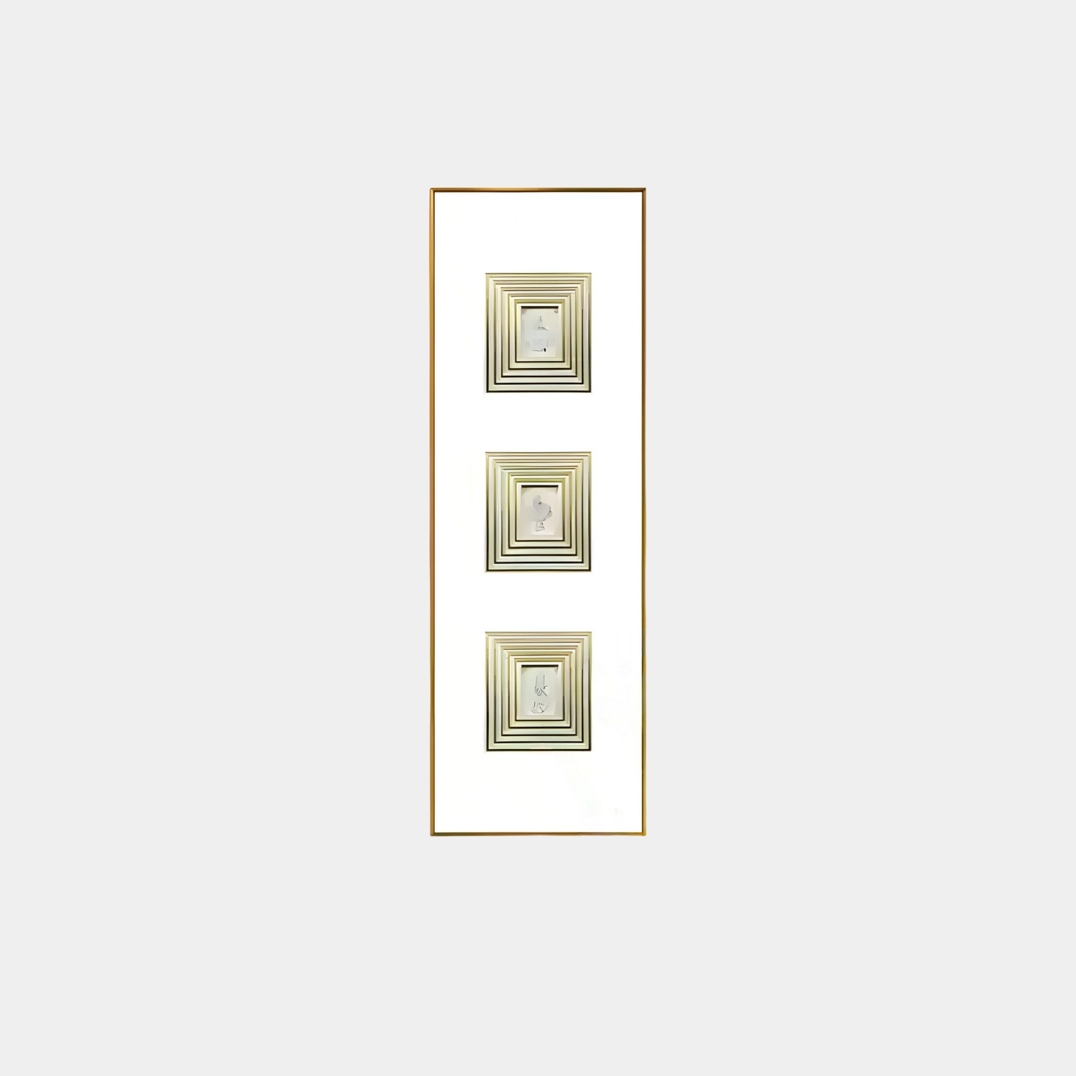 The Lustre Golden Illusion Plaster Statue Vertical Wall Art by Giant Sculptures features three nested gold square patterns with intricate geometric designs. The minimalist white background enhances the elegant golden sheen, creating a symmetrical aesthetic.