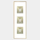 The Lustre Golden Illusion Plaster Statue Vertical Wall Art by Giant Sculptures features three white switches on a rectangular white panel, each accented with gold concentric squares—an elegant touch for modern interiors.