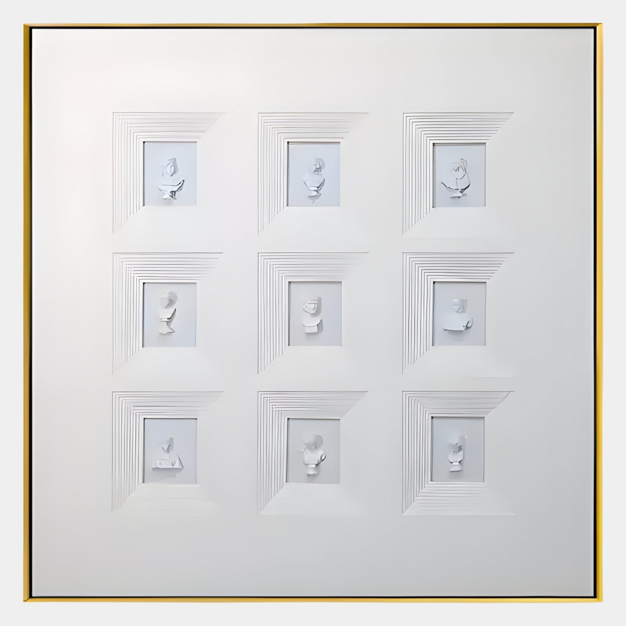 The Lustella White Plaster Statue Square Cardboard Wall Art by Giant Sculptures features nine raised rectangular frames, each centered with a minimalist white plaster statue for a modern geometric design.