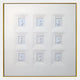 The Lustella White Plaster Statue Square Cardboard Wall Art by Giant Sculptures features nine raised rectangular frames, each centered with a minimalist white plaster statue for a modern geometric design.