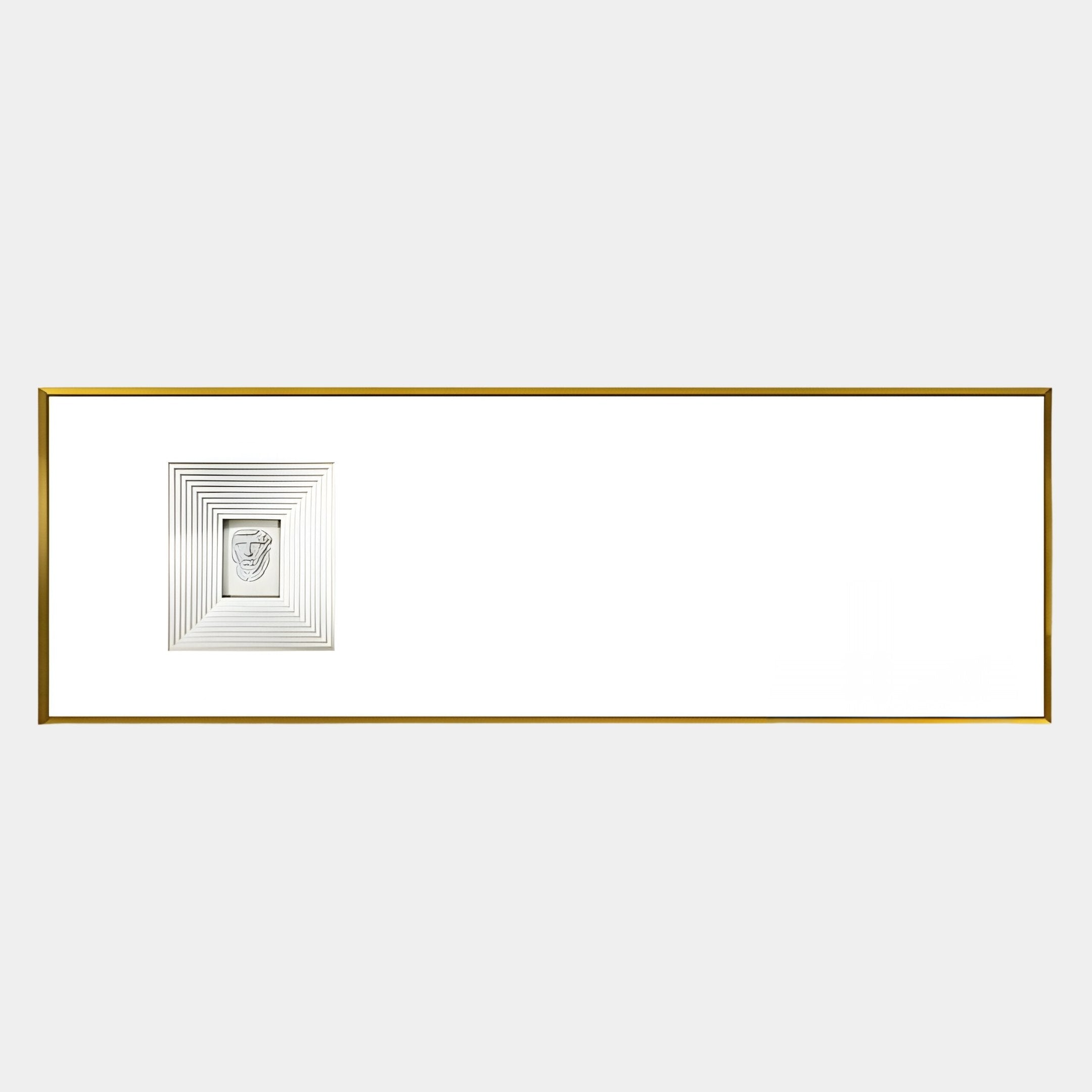 The Lustreline White Left Plaster Statue Cardboard Wall Art by Giant Sculptures features a modern raised square pattern with a small stylized face on the left, framed in thin gold for a minimalist look with open white space.