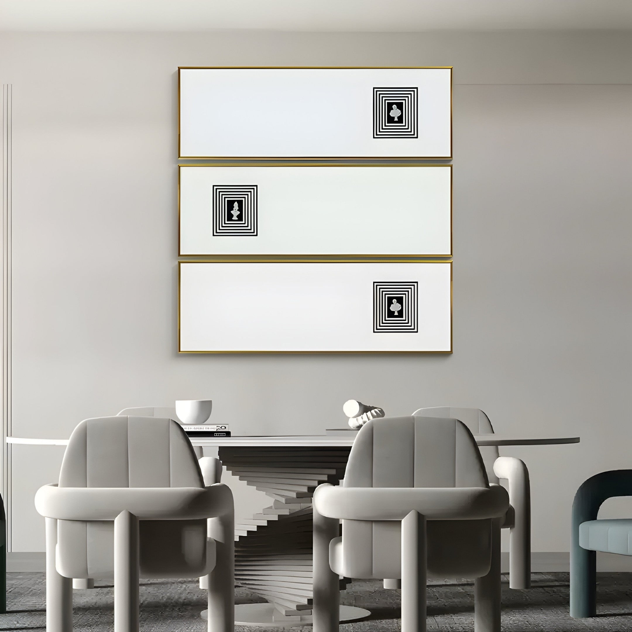 A modern dining room features a minimalist table with four chairs. Three abstract framed artworks in black and white designs enhance the space. The contemporary vibe is completed by Giant Sculptures Lustreline Black & White Right Plaster Statue Cardboard Wall Art, elevating its modern decor.