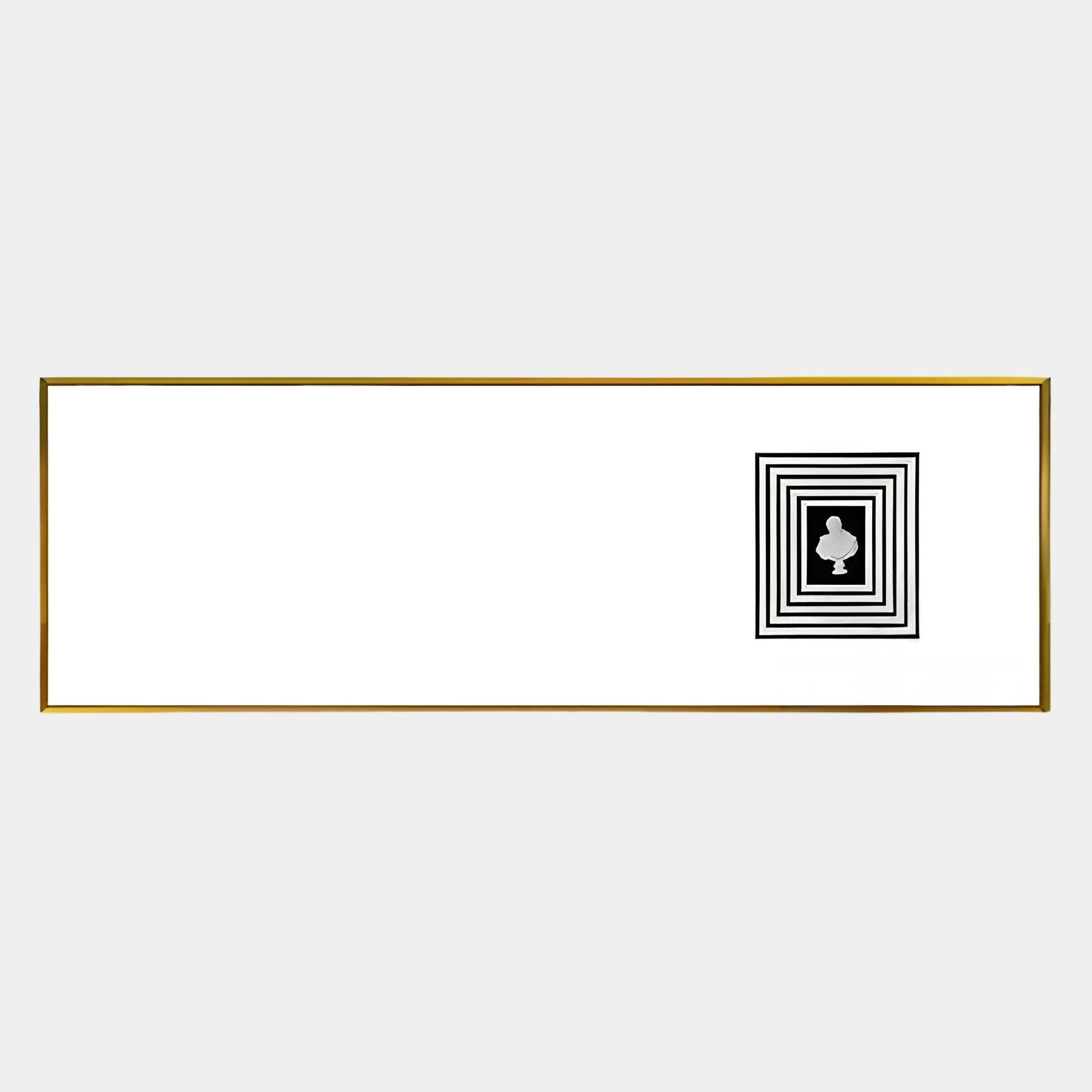 Lustreline Black & White Right Plaster Statue Cardboard Wall Art by Giant Sculptures features a white rectangular design with a slim gold frame and black concentric squares framing a chess pawn—perfect modern minimalist wall décor.