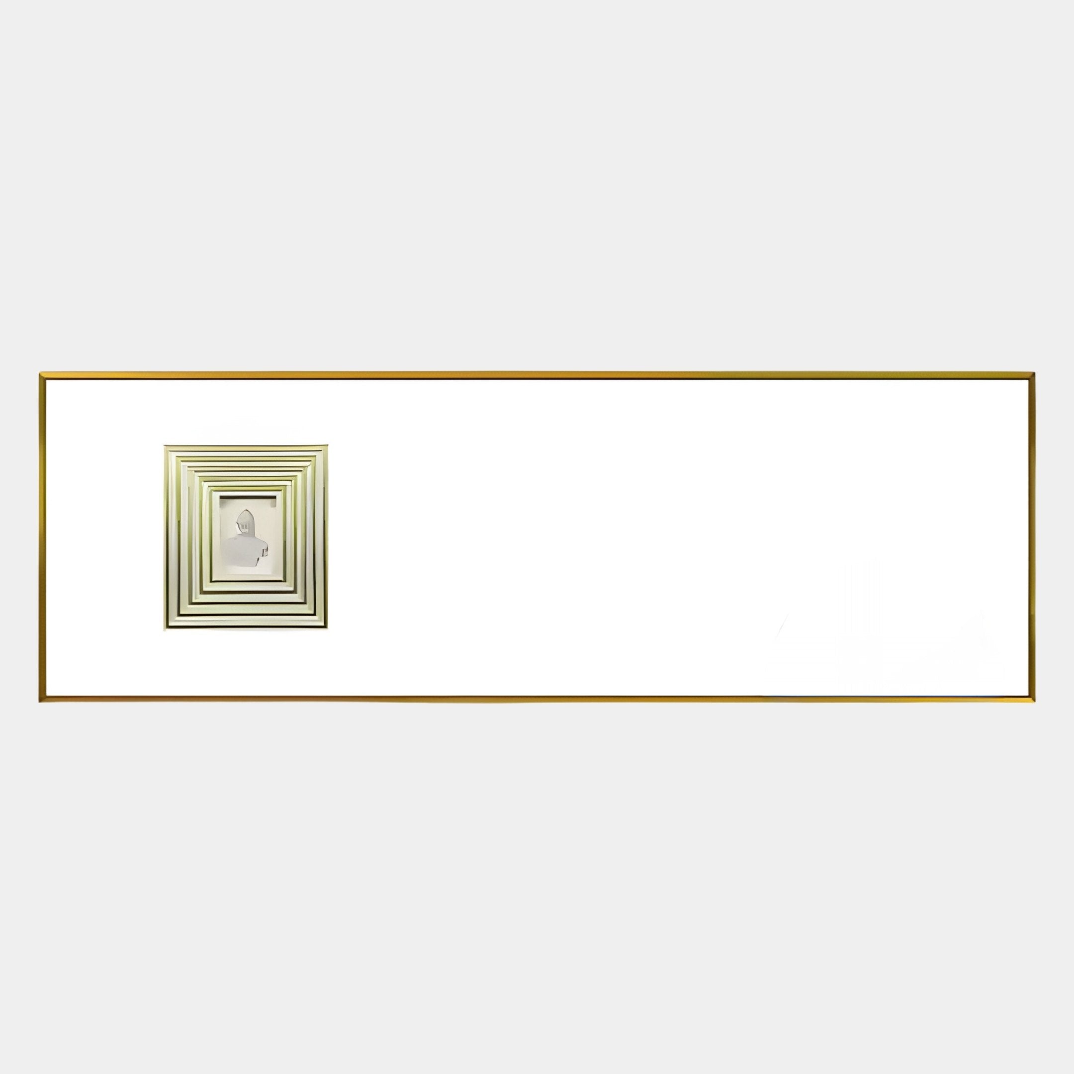 The Lustreline Golden Left Plaster Statue Cardboard Wall Art by Giant Sculptures features a small portrait framed by concentric gold squares on a white background with a slim gold border—ideal for both modern and classical décor.