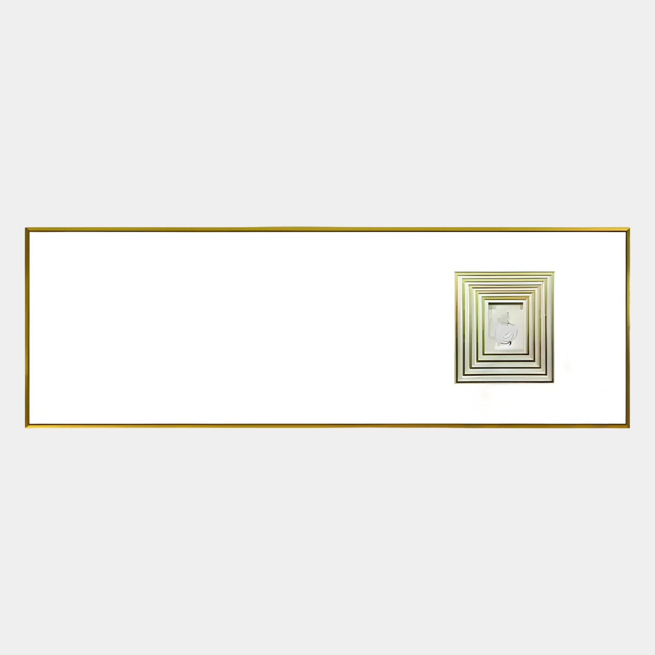 The Lustreline Golden Right Plaster Statue Cardboard Wall Art by Giant Sculptures features a rectangular white frame with a slim gold border and an abstract 3D center—an eye-catching piece of modern decor.