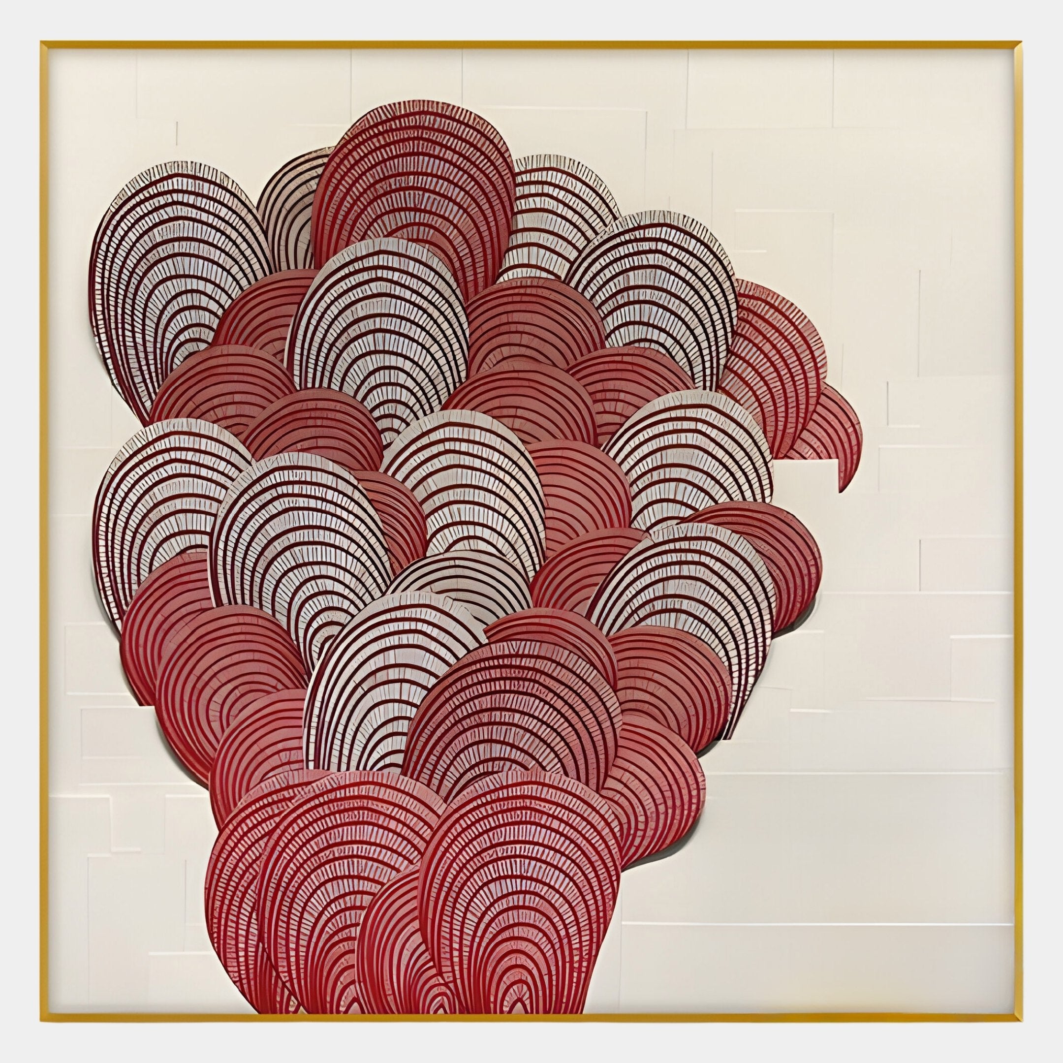 Rosette I Vibrant Red Circular Pattern Wall Art by Giant Sculptures features bold red circles and black shapes on a textured off-white background, framed with a thin gold border for an elegant, fortune-inspired décor accent.