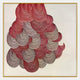 The Rosette II Vibrant Red Circular Pattern Wall Art by Giant Sculptures showcases layered semi-circular shapes in red, pink, and black on white, elegantly framed with a slim gold border.
