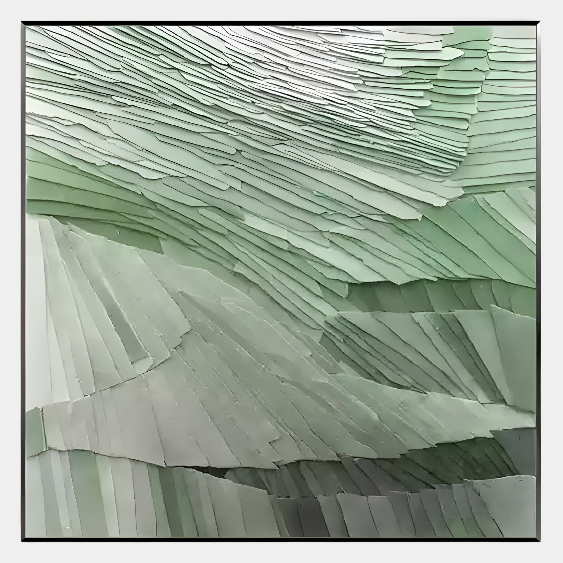 Terrane Fresh Green Layered Abstract Wall Art by Giant Sculptures showcases flowing, overlapping green and light gray strips, creating modern depth—perfect as bold green wall art for a contemporary space.