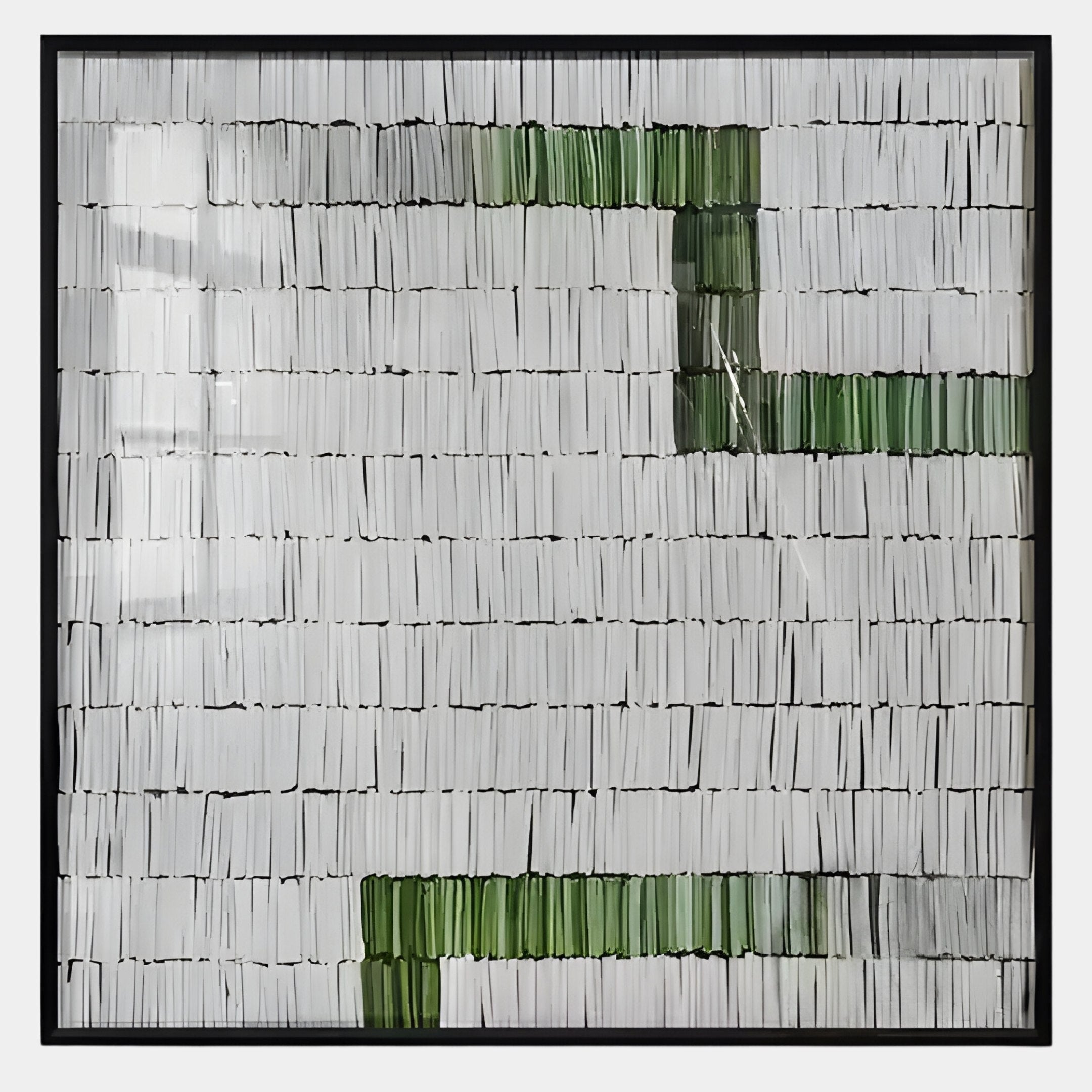 Tracery IV Green & White Textured Paper Wall Art by Giant Sculptures features rows of white rectangles with green accents in a geometric, abstract design—an ideal contemporary piece for modern interiors.