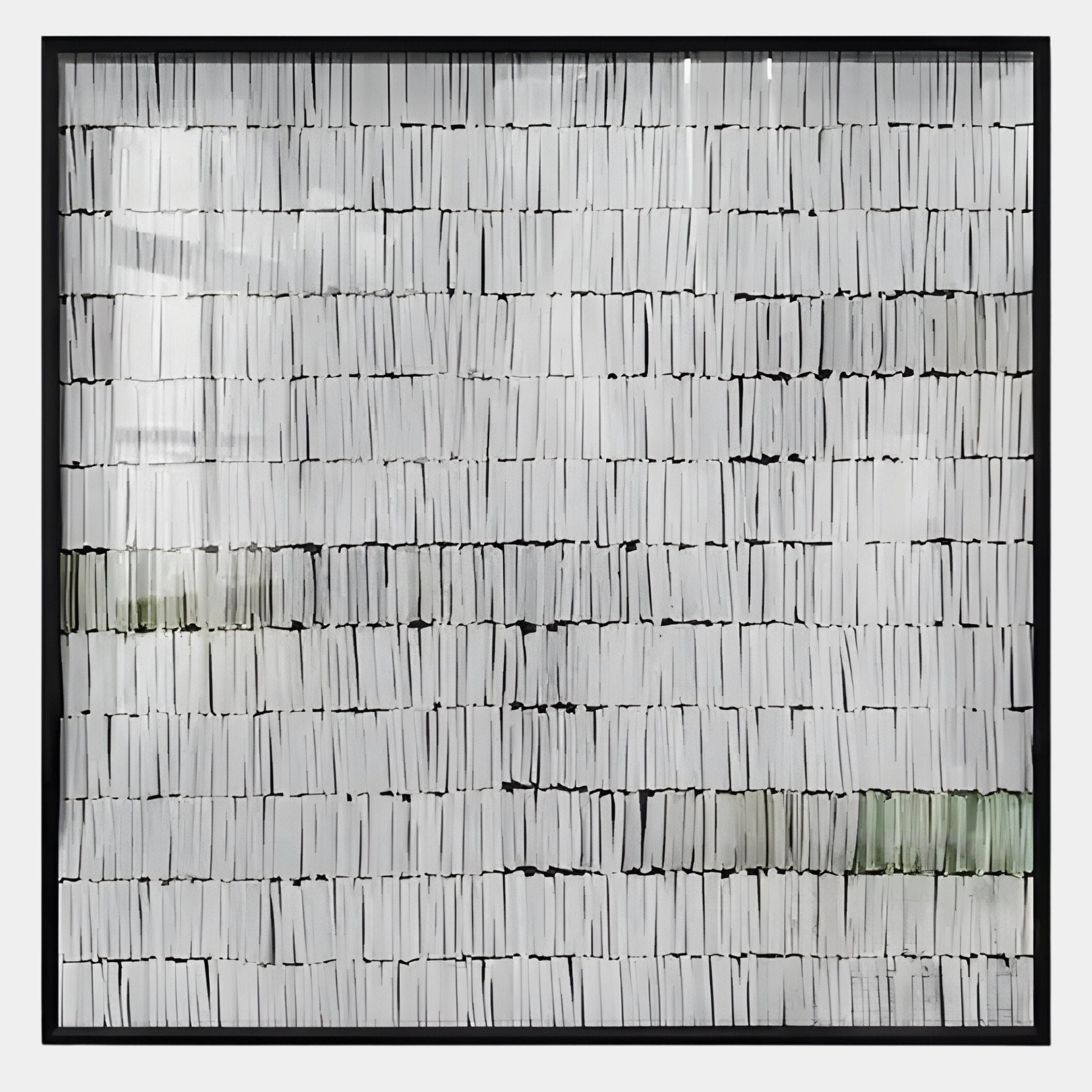 The Tracery VI Green & White Textured Paper Wall Art by Giant Sculptures features rows of white rectangular forms in a grid, modern craftsmanship, and green accents for subtle depth and sophistication.