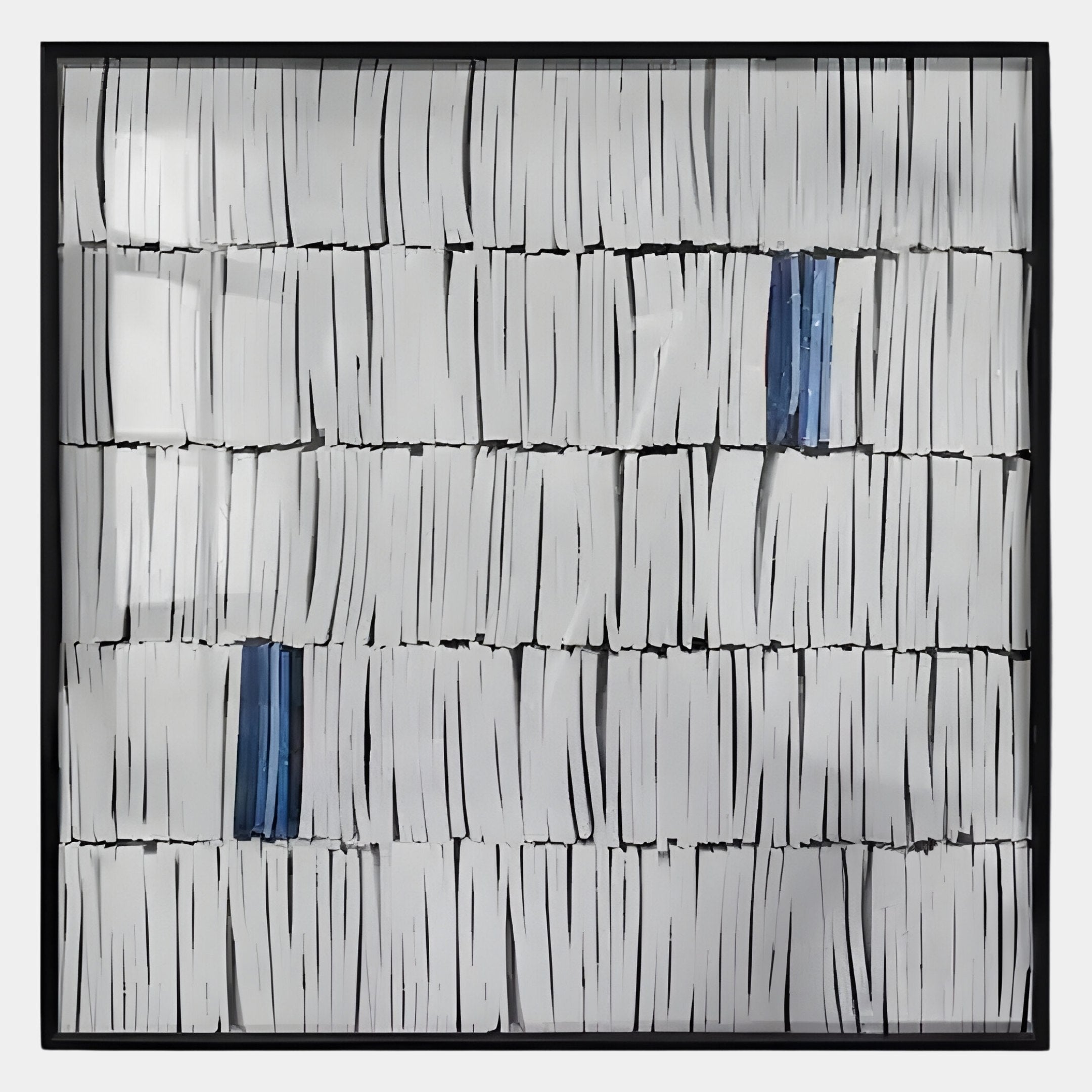 The Tracery II Blue & White Textured Paper Wall Art by Giant Sculptures features rows of white, vertically stacked papers with black outlines and blue accents—ideal for adding a contemporary touch to your decor.