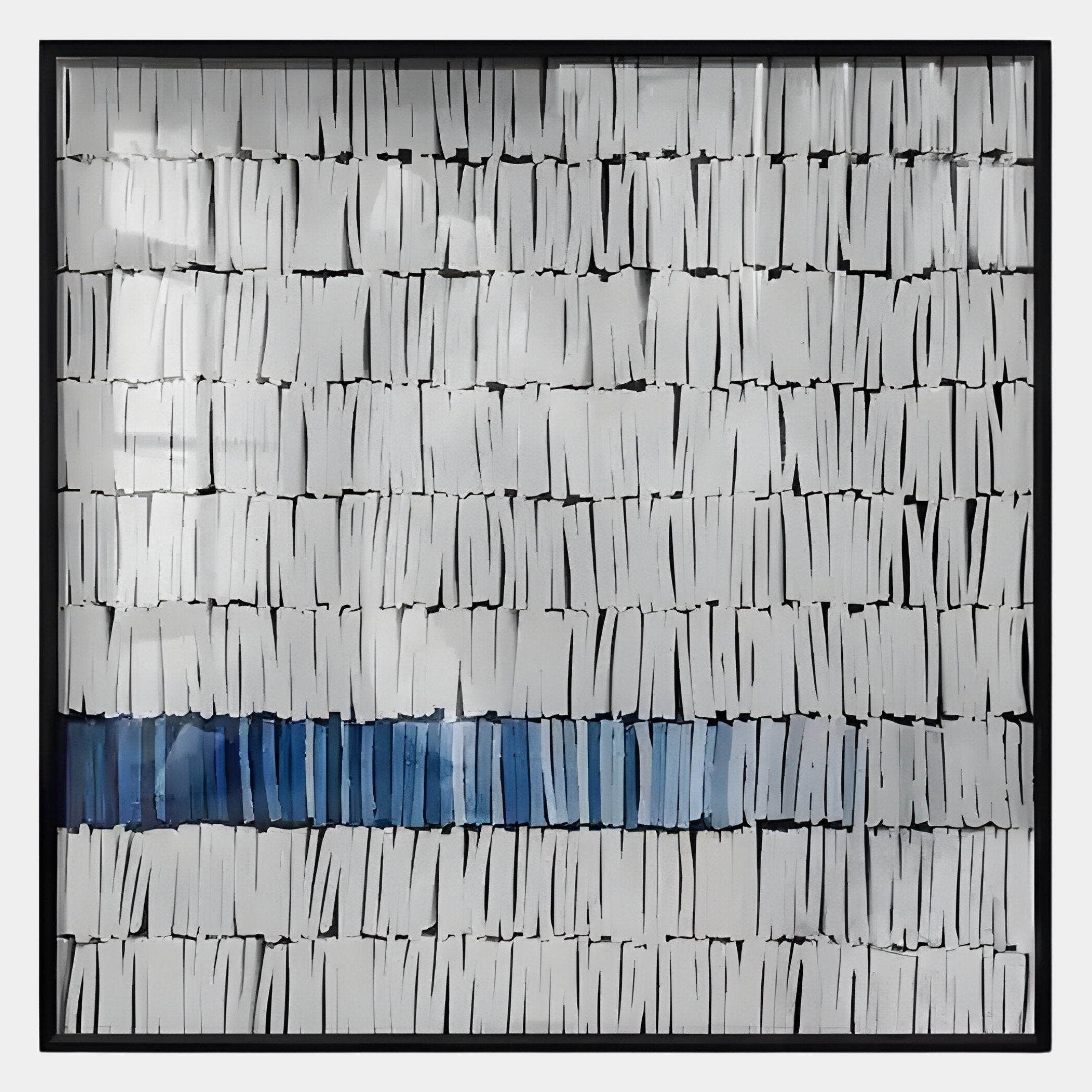 The Tracery III Blue & White Textured Paper Wall Art by Giant Sculptures features minimalist rows of vertical white strokes and a bold horizontal blue band—an elegant geometric piece for modern interiors.