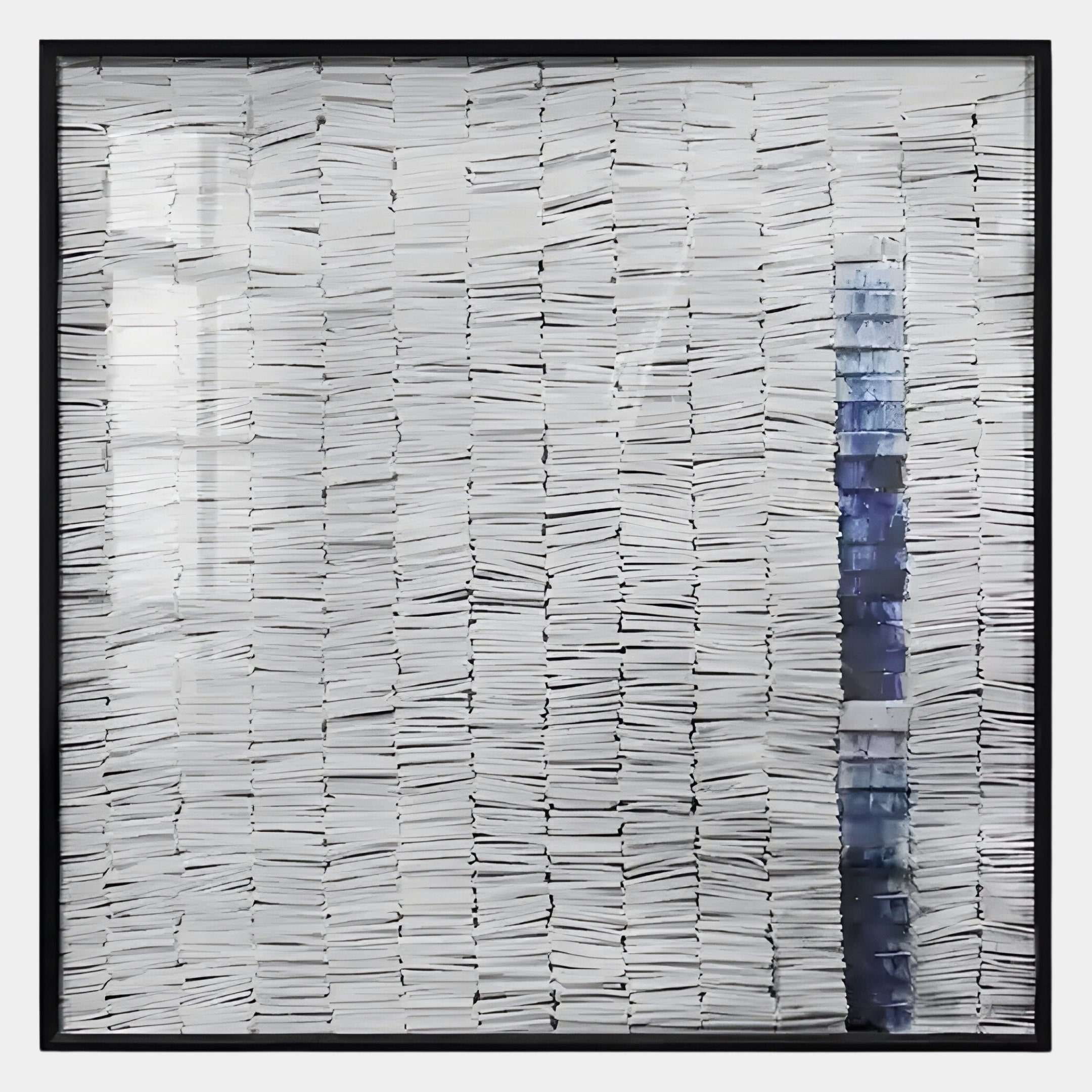 The Tracery V Blue & White Textured Paper Wall Art by Giant Sculptures features neatly stacked white books with a bold blue column, creating minimalist decor that evokes modern art in a striking square frame.