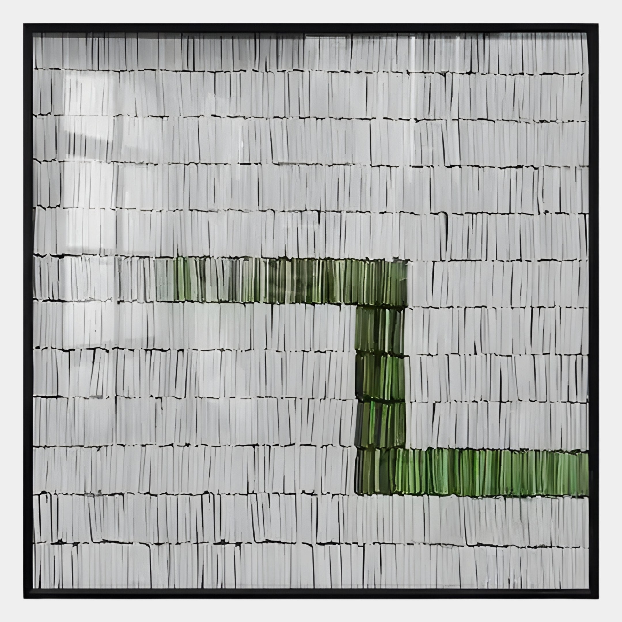 Tracery I Green & White Textured Paper Wall Art by Giant Sculptures features vertical black and white lines with a striking green L-shape, creating a bold, minimalist aesthetic—an eye-catching addition to any space.
