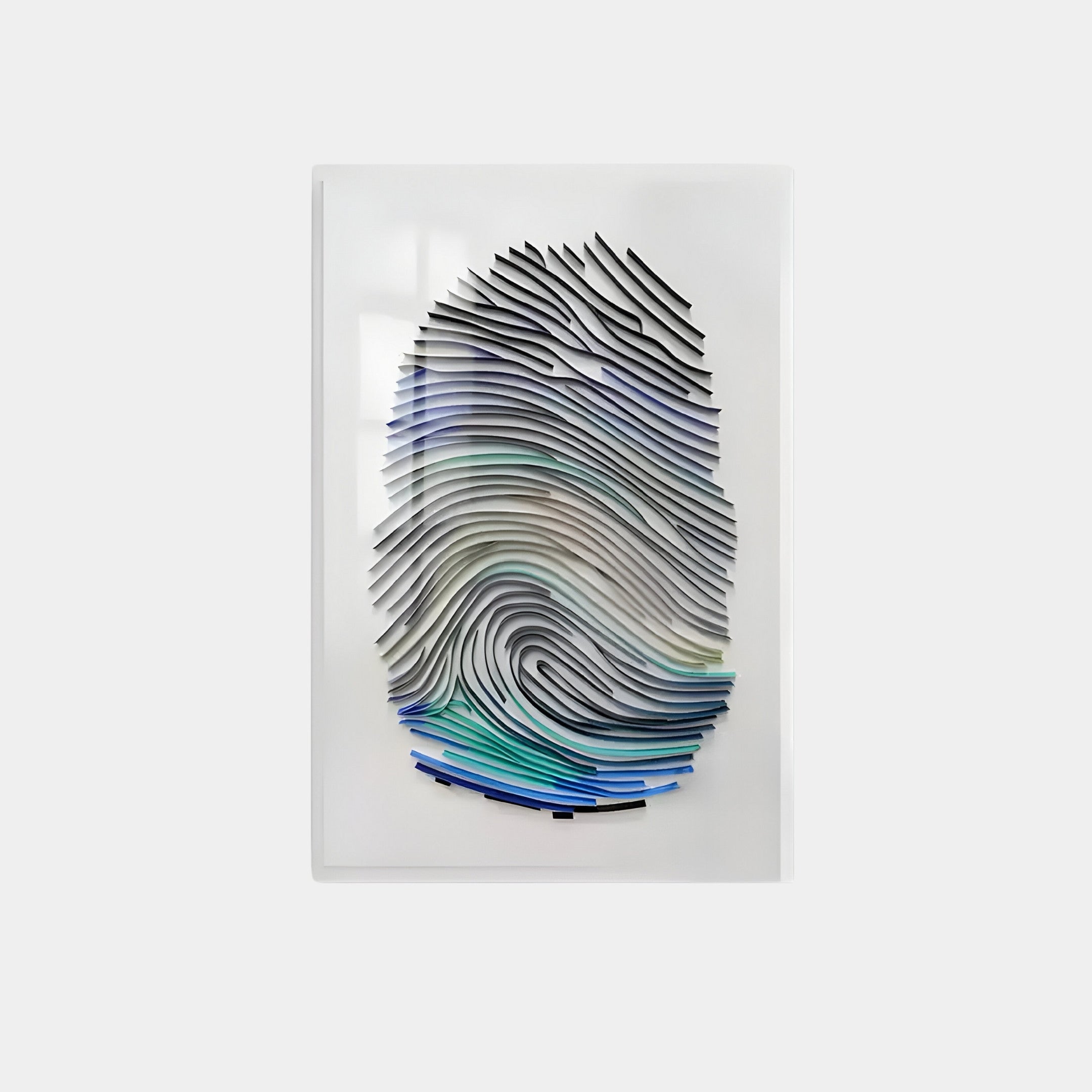 Giant Sculptures Imprint Multi-Coloured Fingerprint Personalised Abstract Wall Art showcases a minimalist design with black, gray, blue, and green swirls on white, creating an artistic centerpiece for any space.