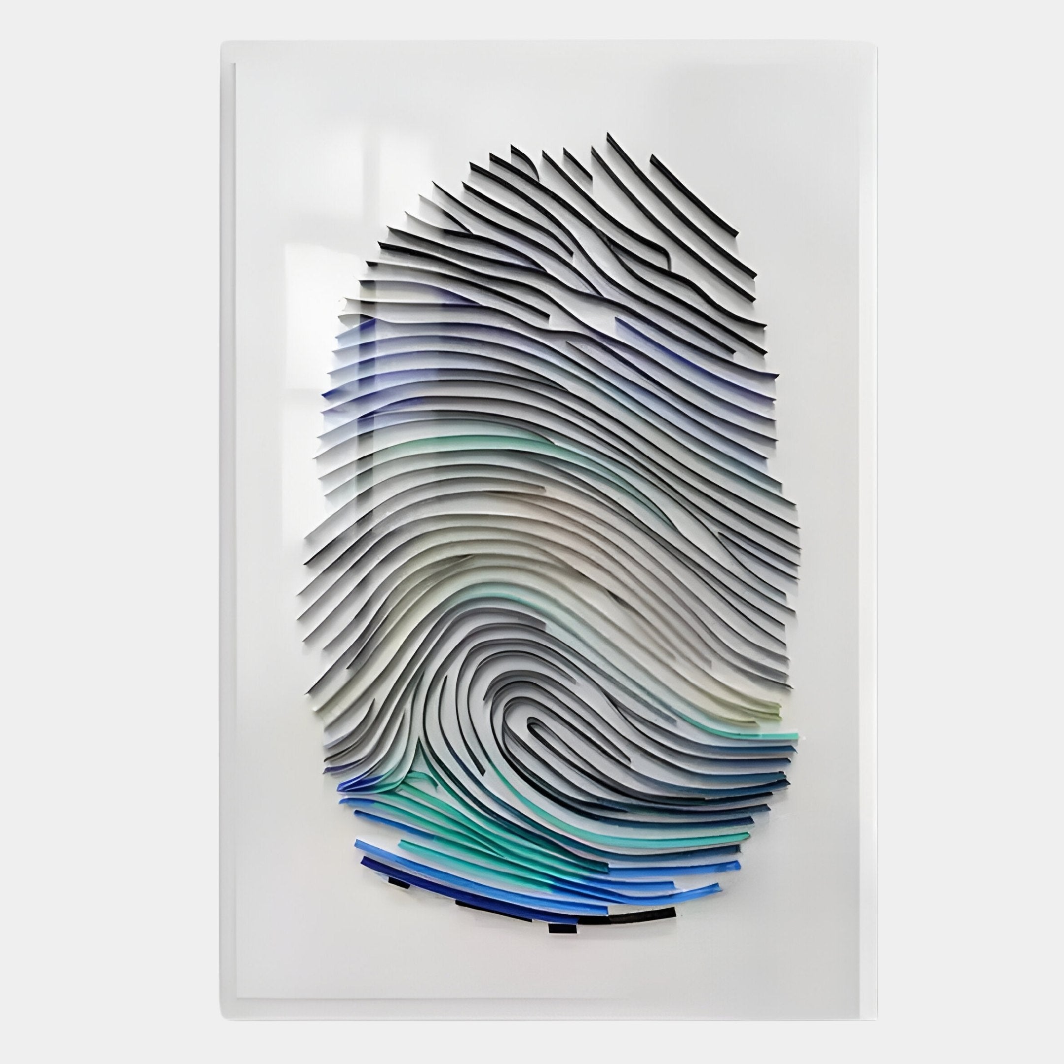 The Imprint Multi-Coloured Fingerprint Personalised Abstract Wall Art by Giant Sculptures features layered, curved lines in black, gray, blue, and green on a white background—ideal customisable decor for modern interiors.