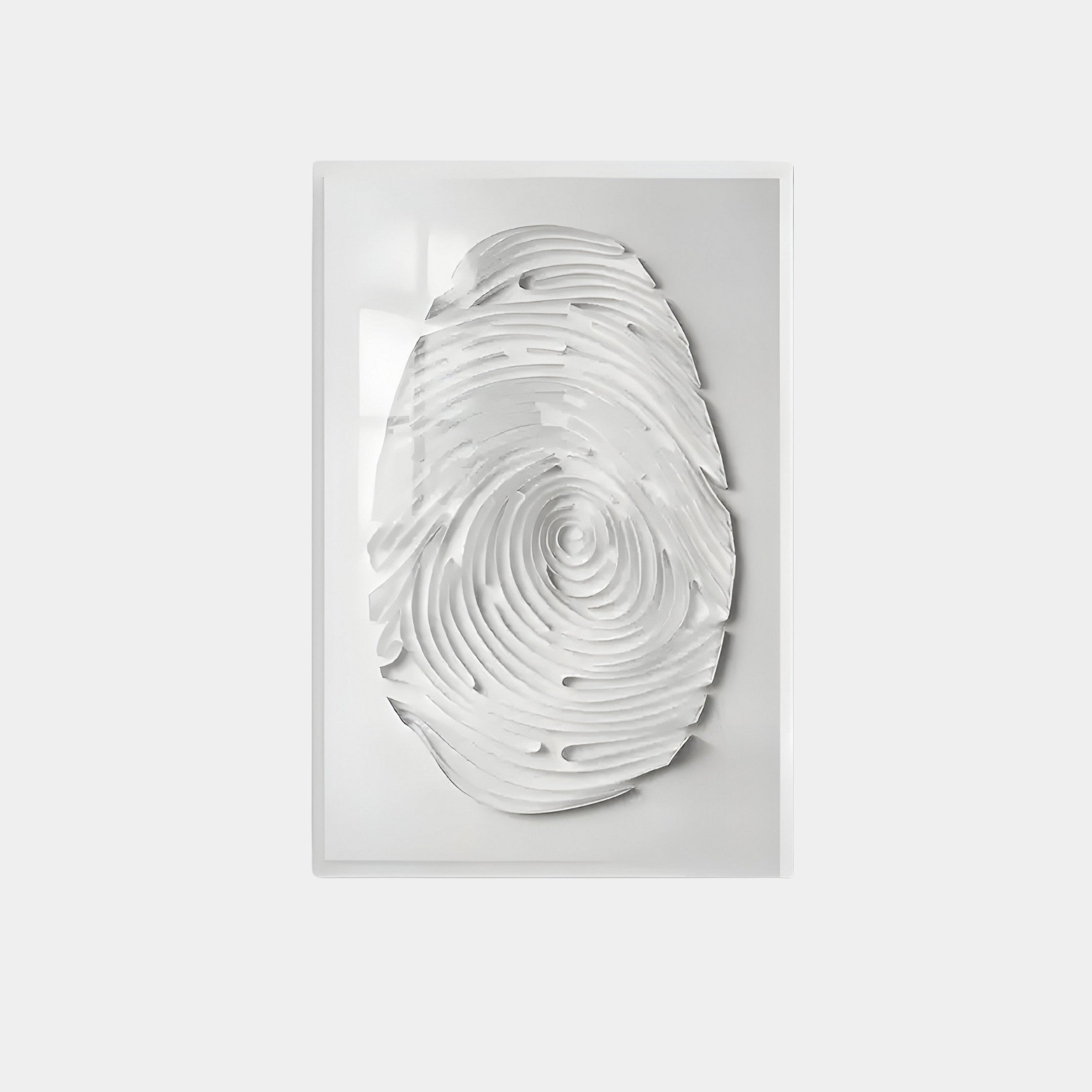 The Imprint White Fingerprint Personalised Abstract Wall Art by Giant Sculptures showcases a white 3D fingerprint pattern on a light gray background, encased in a clear frame. The raised swirling ridges add sculptural quality, creating a unique modern statement decor piece.