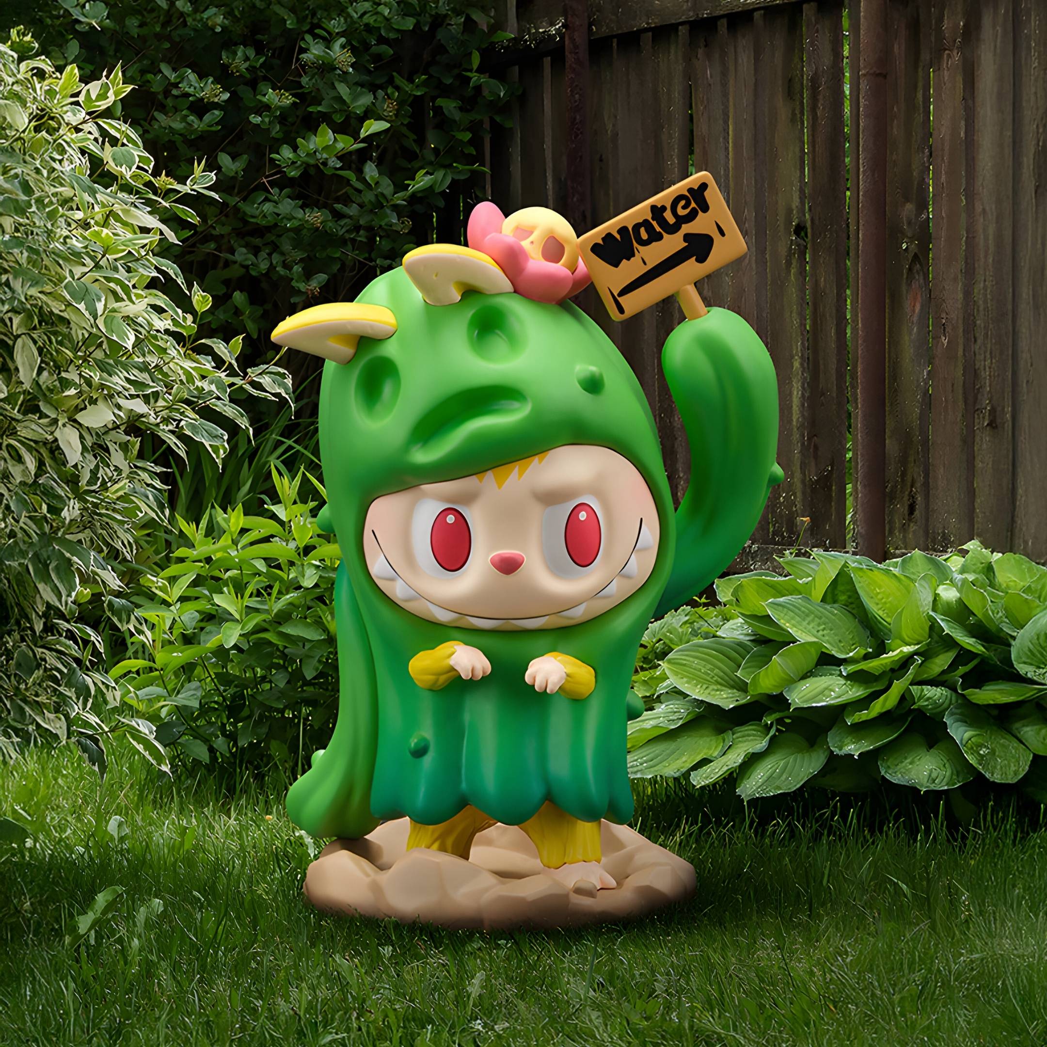The Hidden Cactus Labubu Sculpture - 100cm by Giant Sculptures features a cute cartoon figure in a green cactus costume holding a Water sign, adding desert charm and playful whimsy to your garden space.