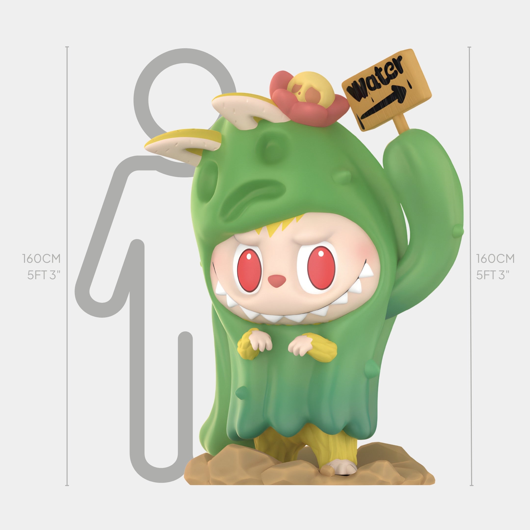 The Hidden Cactus Labubu Sculpture by Giant Sculptures stands 160cm tall, featuring vibrant green with a flower and ears, big red eyes, and a playful look. A gray height chart silhouette (160cm/5ft 3in) appears behind this fibreglass figure.