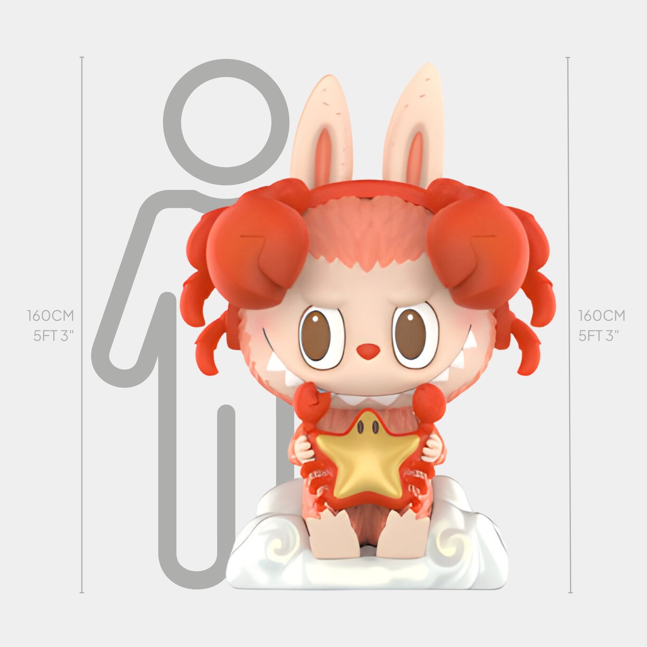 The Constellation Cancer Labubu Sculpture by Giant Sculptures stands 160cm tall, featuring a cute cartoon bunny with crab claws in a red outfit holding a star on a cloud. A height chart beside it shows its scale next to a human silhouette.