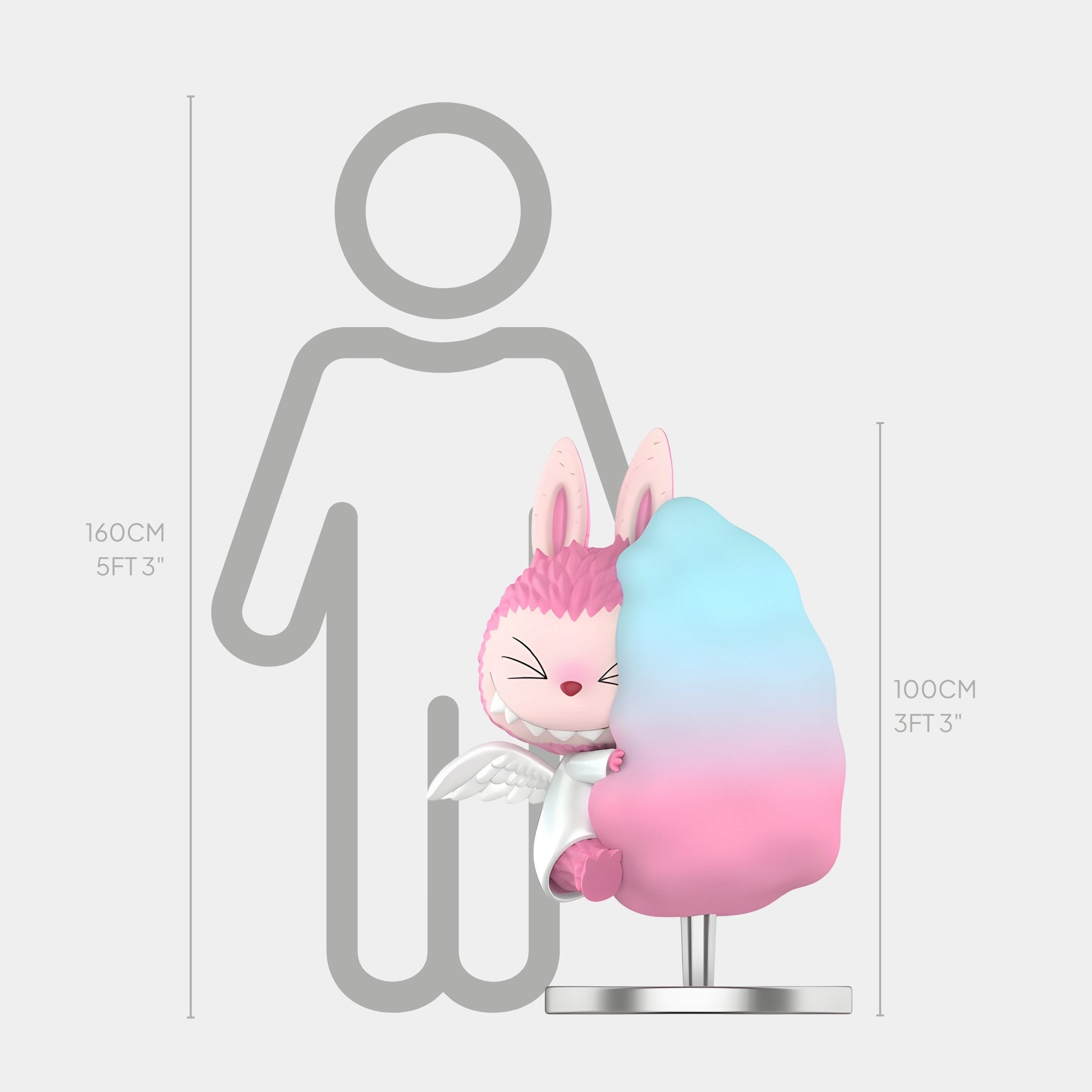 The Candy Floss Labubu Sculpture - 100cm by Giant Sculptures is a pink and white winged bunny figure holding a pastel blue and pink object, standing on a platform. The fibreglass piece stands about 100 cm tall next to a 160 cm height chart outline.