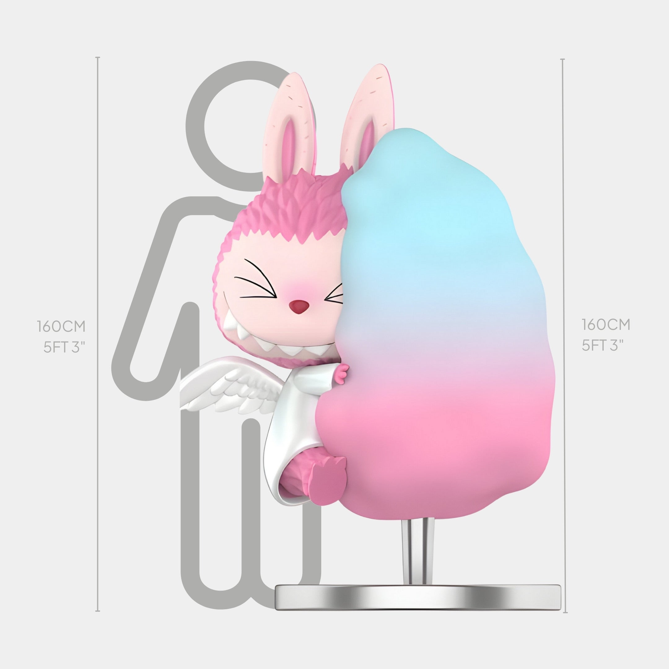 The Candy Floss Labubu Sculpture - 160cm by Giant Sculptures features a bunny-eared, winged character in a white robe hugging pastel candy floss, with a grey person outline behind, both standing 160 cm (5 ft 3 in) tall.