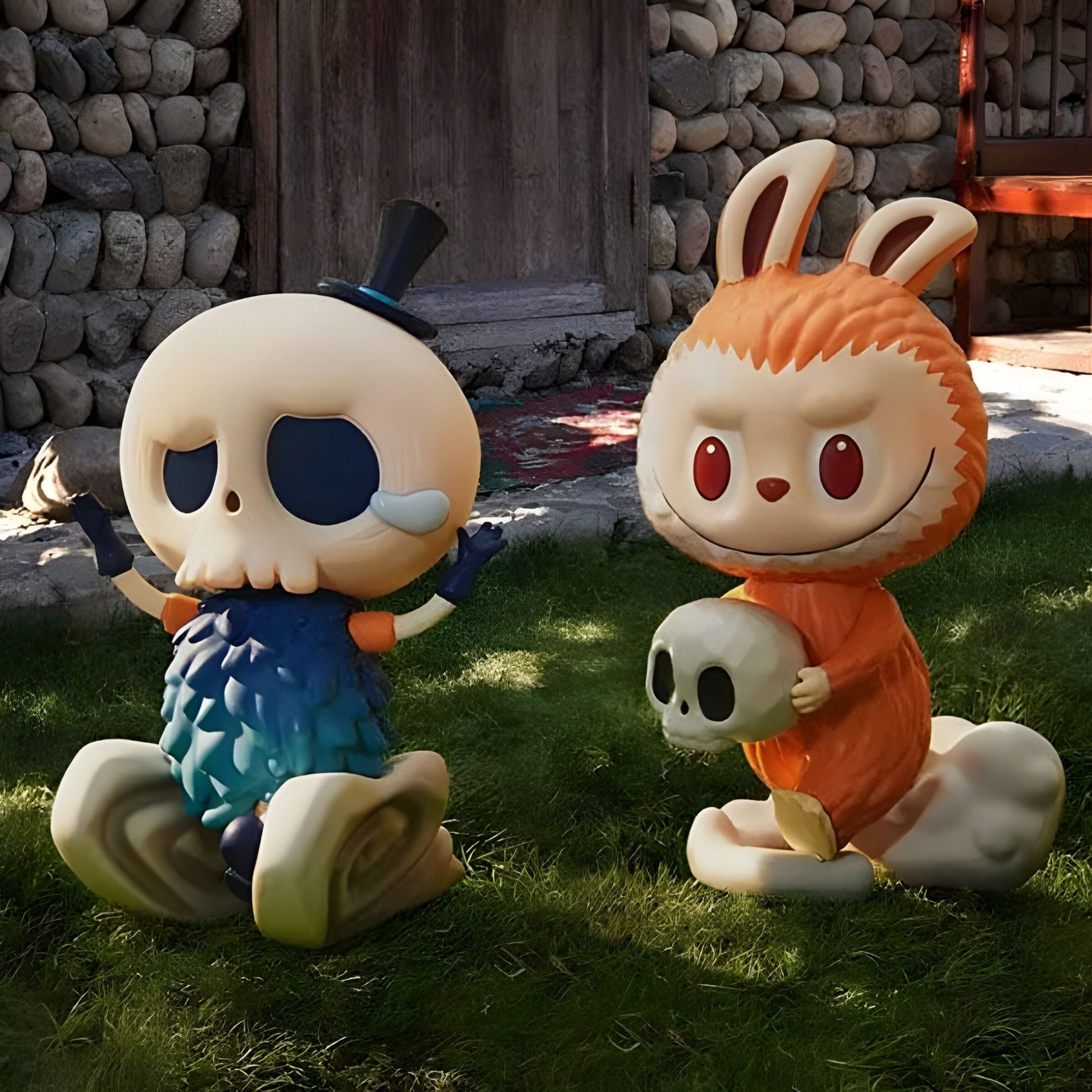 Two whimsical Giant Sculptures figurines sit on grass: the 100cm Spooky Buddies Skull Drop Labubu Sculpture in a top hat looks sad, while a smiling bunny-costumed figure holds a skull. A stone wall and wooden door suggest an indoor scene.