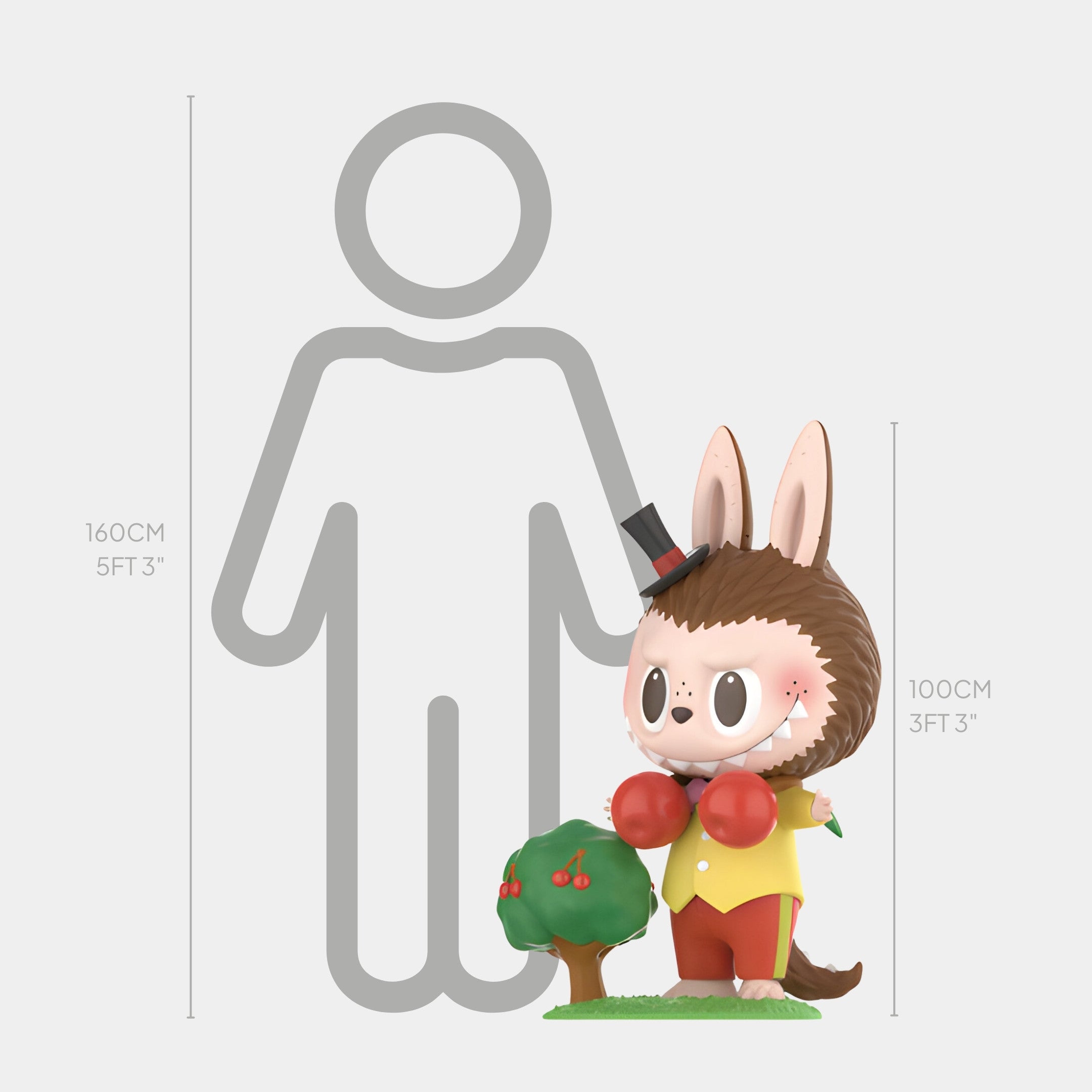 The Cherry Fruit Labubu Sculpture - 100cm by Giant Sculptures features a cartoonish figure with rabbit ears, a top hat, red cheeks, and yellow clothes next to a cherry tree. Made from durable fiberglass and shown beside a human height chart.