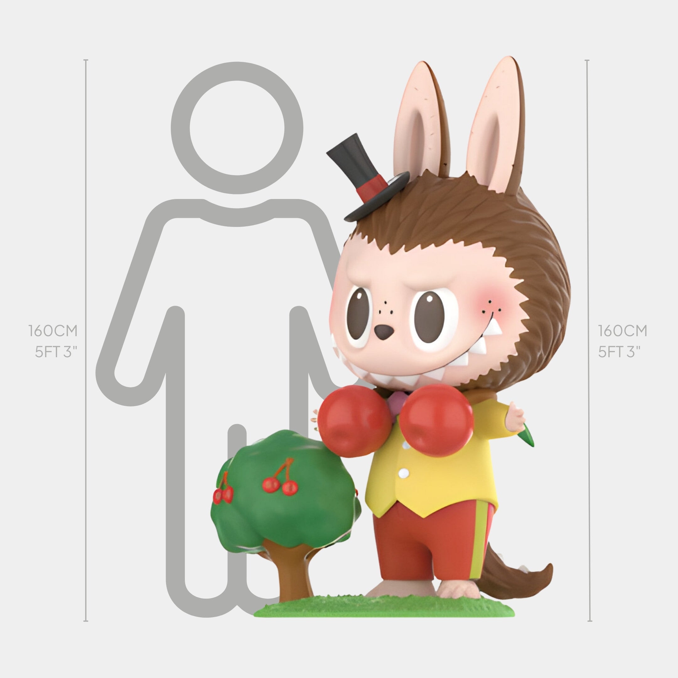 A whimsical couture cartoon wolf in a yellow vest, red shorts, and top hat stands by a cherry tree, evoking the charm of the Giant Sculptures Cherry Fruit Labubu Sculpture - 160cm (5ft 3in), with both character and human outlined at this height.