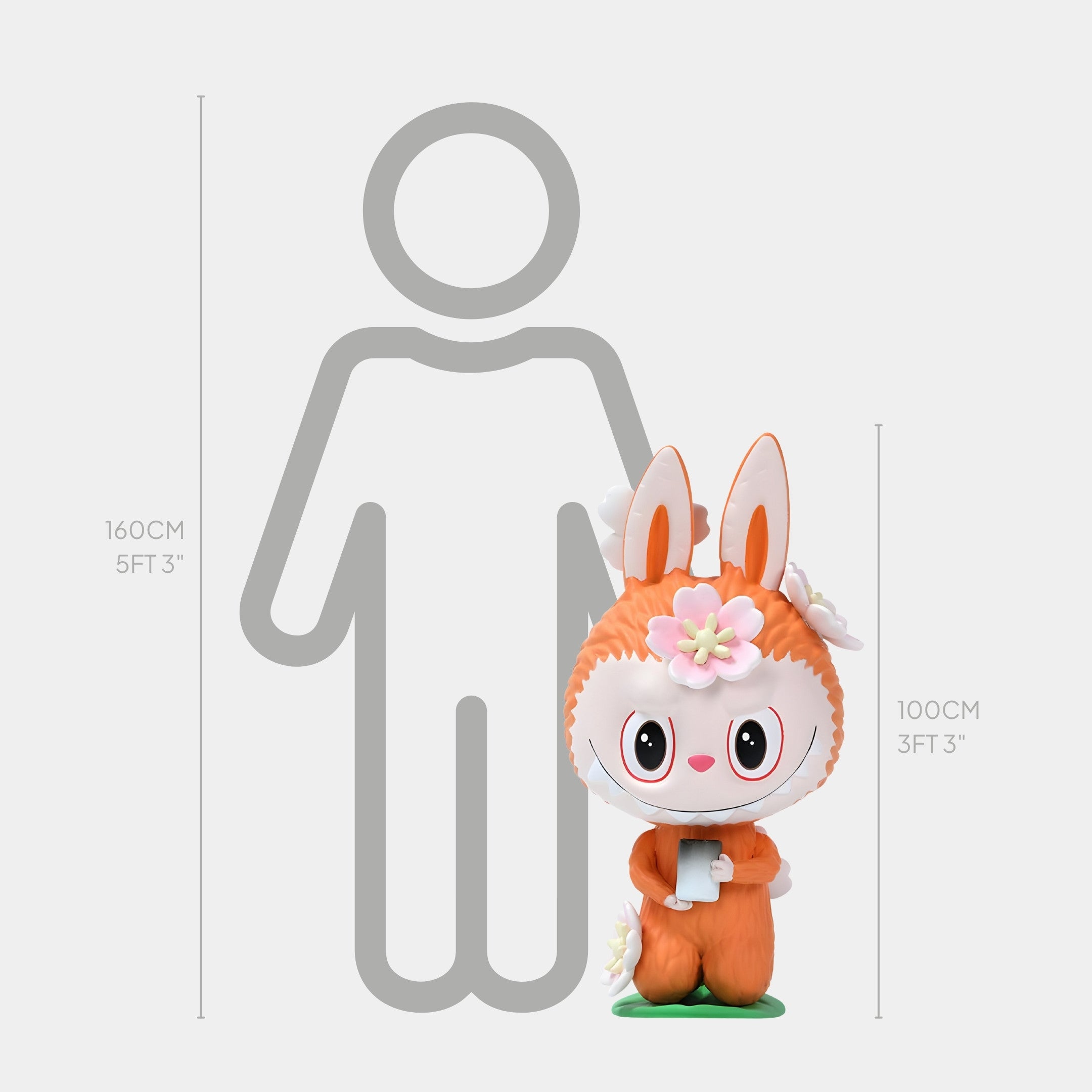 The Flower Elves Cherry Blossom Labubu Sculpture - 100cm by Giant Sculptures shows Labubu in an orange bunny suit with flower accents, standing beside a 160 cm human outline for scale.