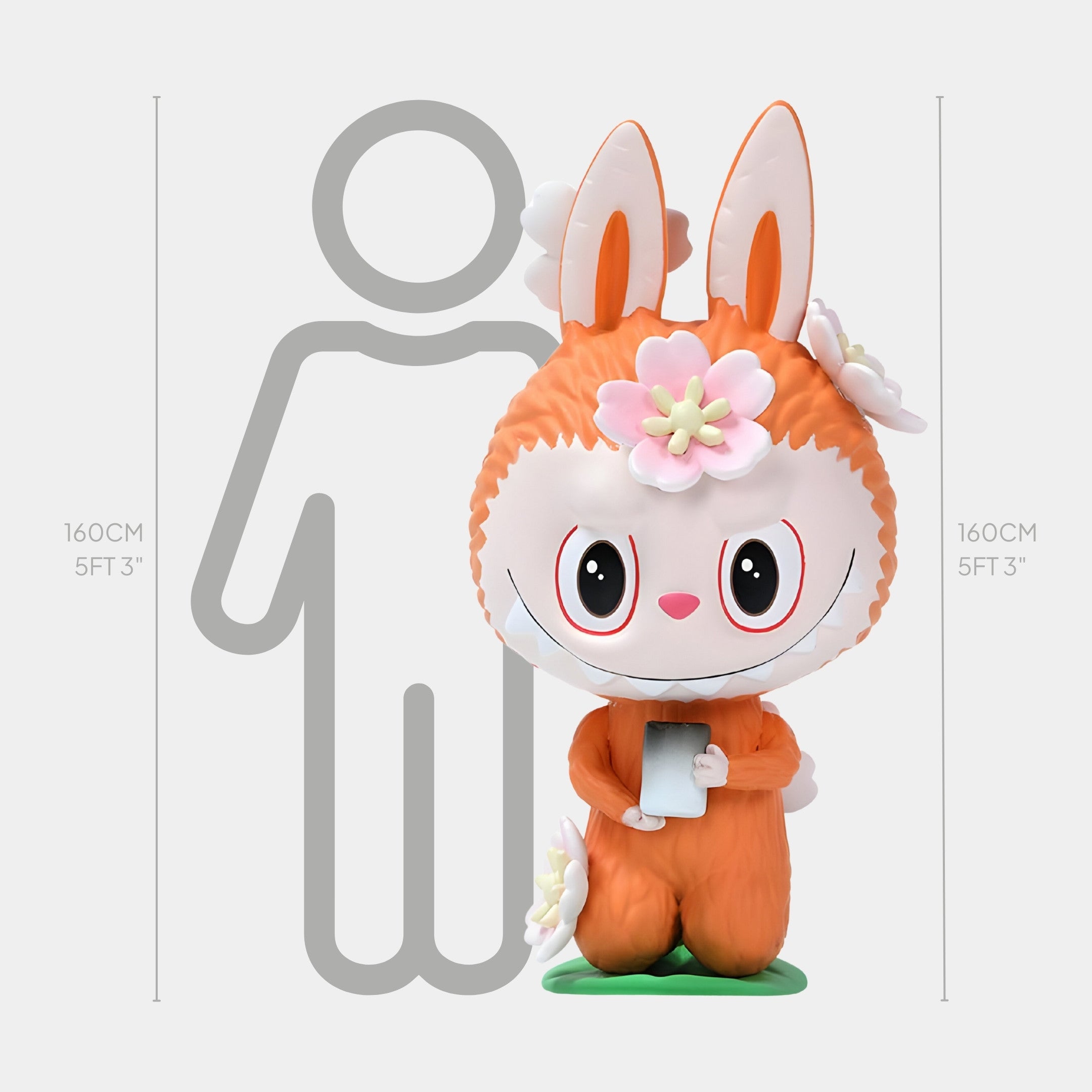 The Flower Elves Cherry Blossom Labubu Sculpture by Giant Sculptures stands at 160cm, featuring an orange and white bunny mascot with floral accents, holding a small rectangle beside a height chart.