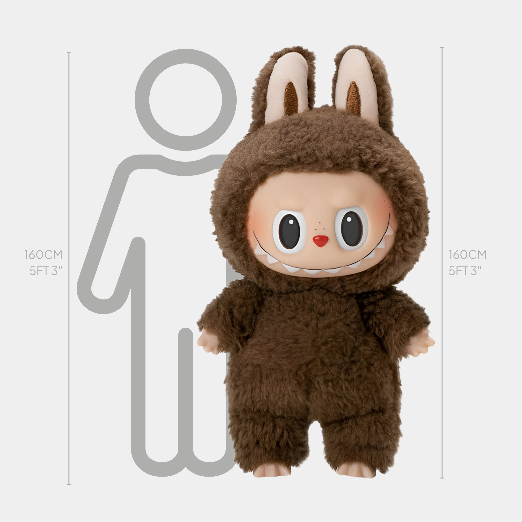 The Fluffy Walkers Classic Brown Labubu Sculpture by Giant Sculptures, featuring a big smile and soft faux-fur bunny suit, stands next to an illustrated person for scale. Both are 160 cm (5 ft 3 in) tall.