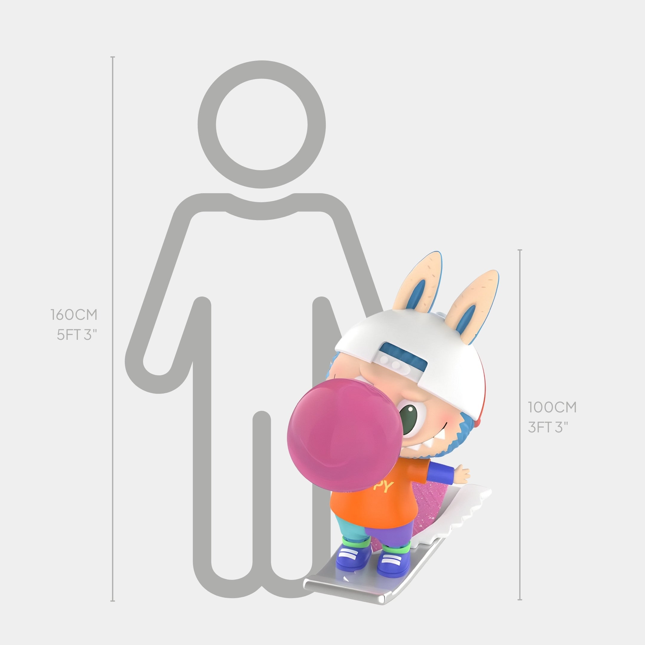 The Giant Sculptures Chewing Gum Candy Labubu Sculpture - 100cm shows a bunny-eared cartoon on a skateboard blowing pink gum, next to a height chart and a 160cm person for scale.