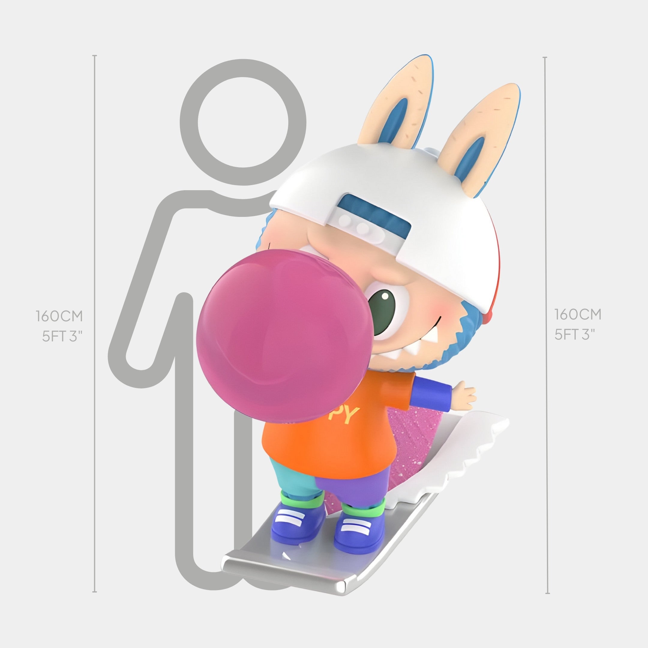 The Chewing Gum Candy Labubu Sculpture by Giant Sculptures stands 160cm tall, featuring a cute cartoon character with bunny ears, a white helmet, orange shirt, blue shoes, and blowing a pink bubble in front of a height chart.