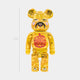 The Chinese Charm Gold Bear Sculpture - 70cm by Giant Sculptures features a gold bear with a mustache, pink cheeks, and ornate patterns, showcasing a bold red Good Fortune character on its chest and detailed designs across its head and body.