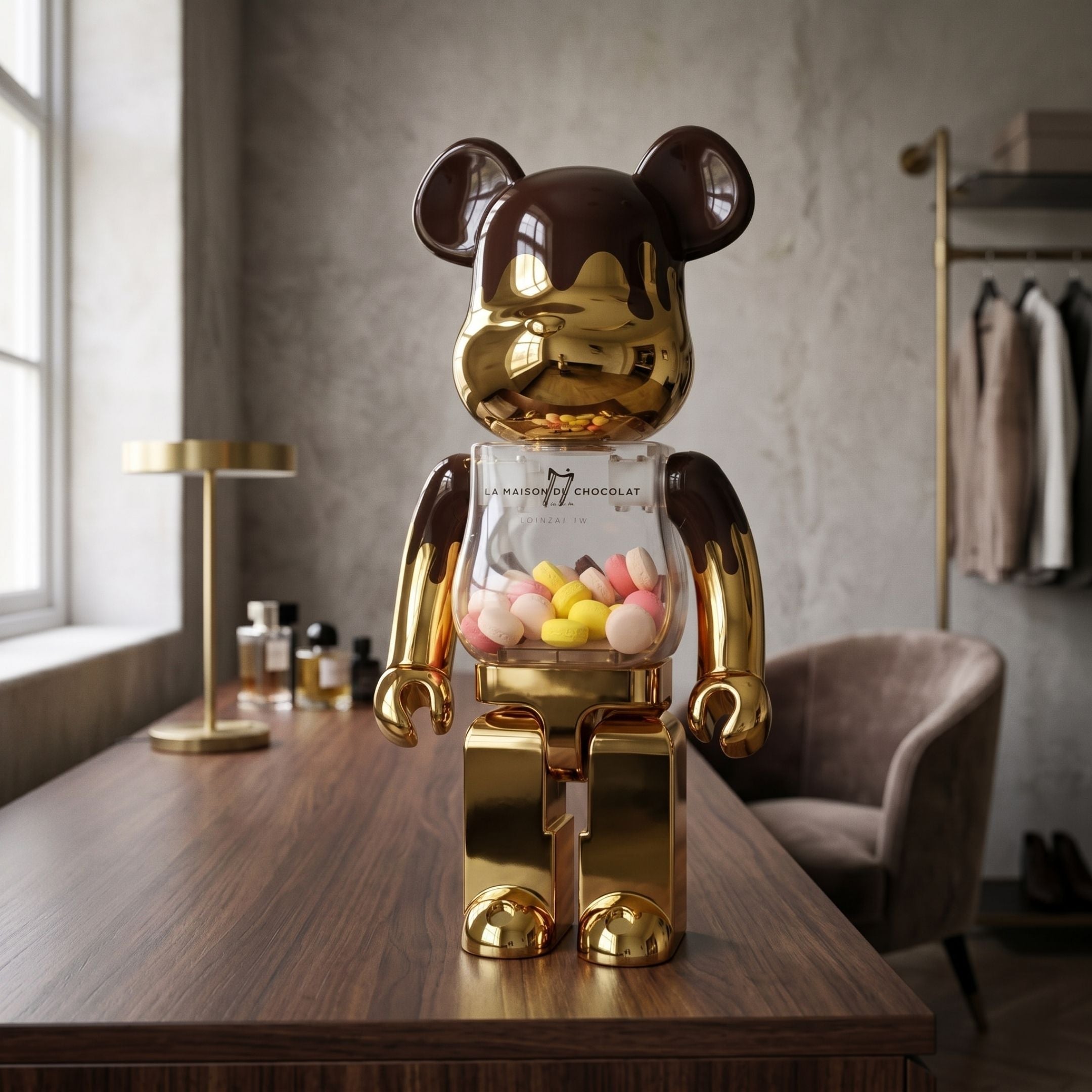 Chocolate Drip Bear Sculpture - 70cm in mirror gold with black drip detailing and a candy-filled chest window, displayed on a wooden table in a room setting.