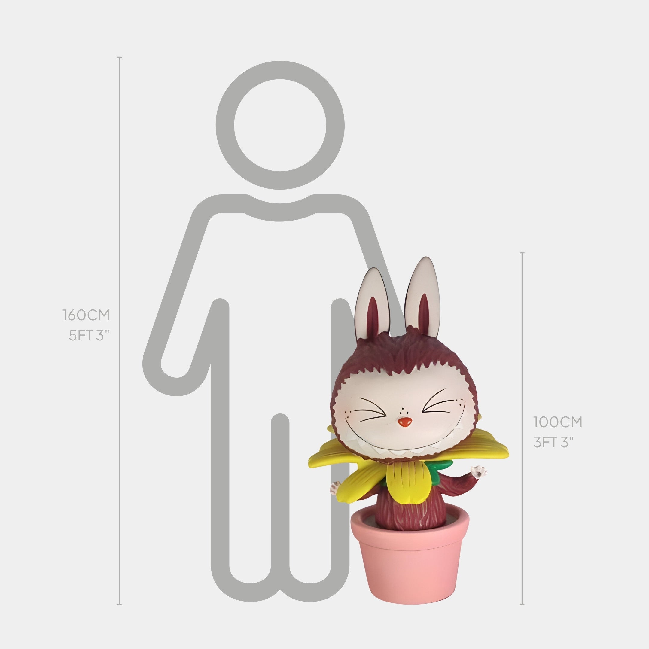 The Flower Elves Blooming Labubu Sculpture - 100cm by Giant Sculptures, a bunny-eared cat in a pink flower pot, stands near a 160 cm (5 ft 3 in) person outline for scale. The figurine stands 100 cm (3 ft 3 in) tall.