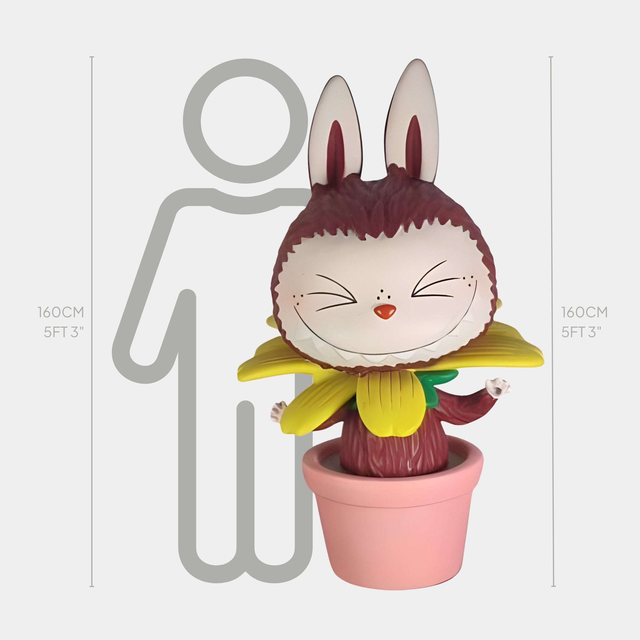 The Giant Sculptures Flower Elves Blooming Labubu Sculpture is a 160cm tall, cartoon-like bunny with a flower collar sitting in a pink plant pot, shown next to a human outline marking both at about 160 cm (5 ft 3 in) tall.