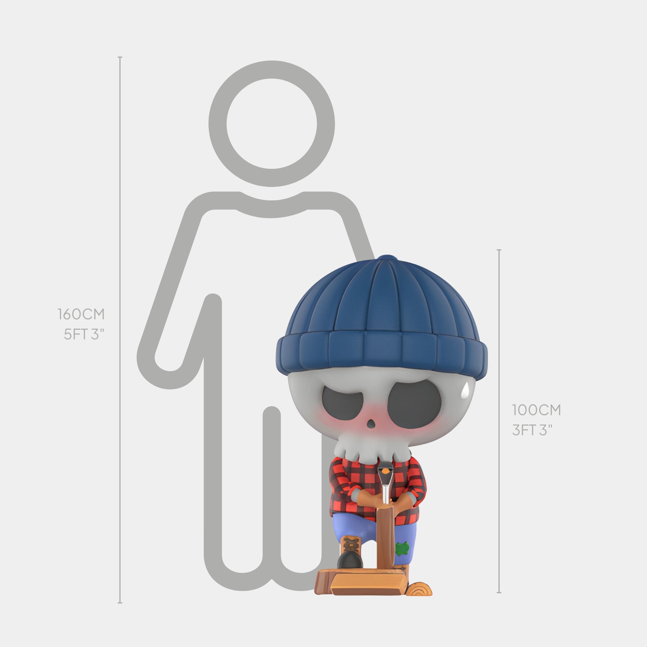 The Camp Life Lumberjack Skull Labubu Sculpture by Giant Sculptures stands 100cm tall in a blue beanie and plaid shirt, shown next to a 160cm person for scale.